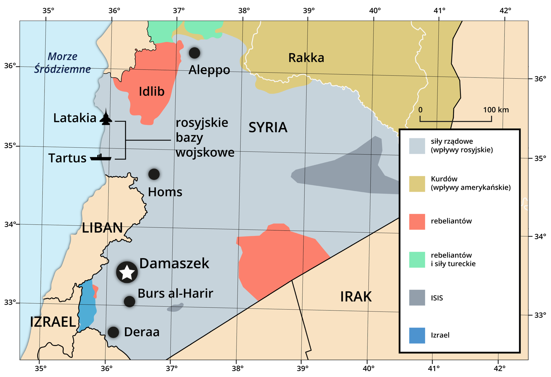 Mapa przedstawiająca teren Syrii oraz strefy wpływów poszczególnych sił na jej terenie. Terytorium sił rządowych z wpływami rosyjskimi oznaczono kolorem szarym (południe kraju z wyłączeniem oznaczonych na mapie innymi kolorami), kolorem ciemnożółtym oznaczono terytorium Kurdów (wpływy amerykańskie, północna część kraju), kolorem czerwonym wpływy rebeliantów (teren na południowy zachód od Aleppo, oraz na południu przy granicy z Irakiem), kolorem zielonym wpływy rebeliantów i sił tureckich (teren na północ od Aleppo), kolorem ciemnoszarym tereny wpływów ISIS (niewielki teren w południowo wschodniej części kraju), kolorem niebieskim teren wpływów Izraela (na południowym zachodzie, przy granicy z tym państwem). Dookoła mapy ramka z naniesionymi współrzędnymi geograficznymi.