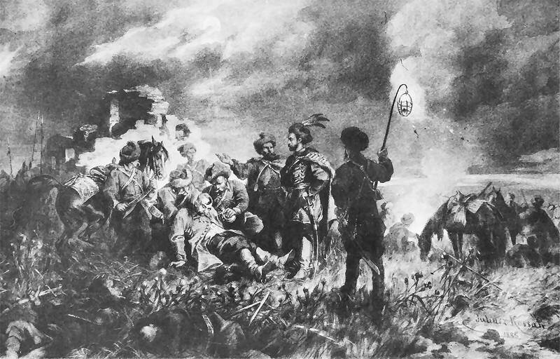 Czarno‑biały obraz przedstawia spotkanie Jana Skrzetuskiego z Bohdanem Chmielnickim  wieczorem wśród stepów. Skrzetuski stoi naprzeciwko Chmielnickiego, który leży i śpi, opierając się o innego szlachcica. Po prawej stronie obok Chmielnickiego przykucnął Zagłoba. Trzyma w ręku sakiewkę, którą podaje hetmanowi. Obok Skrzetuskiego stoi szlachcic, który wskazuje ręką na zniszczony budynek. Z tyłu za Chmielnickim znajdują się szlachcice i kłusujący koń. Przed Skrzetuskim stoi szlachcic z zapaloną pochodnią. Po prawej stronie znajdują się konie w chomątach, których pilnuje szlachcic.