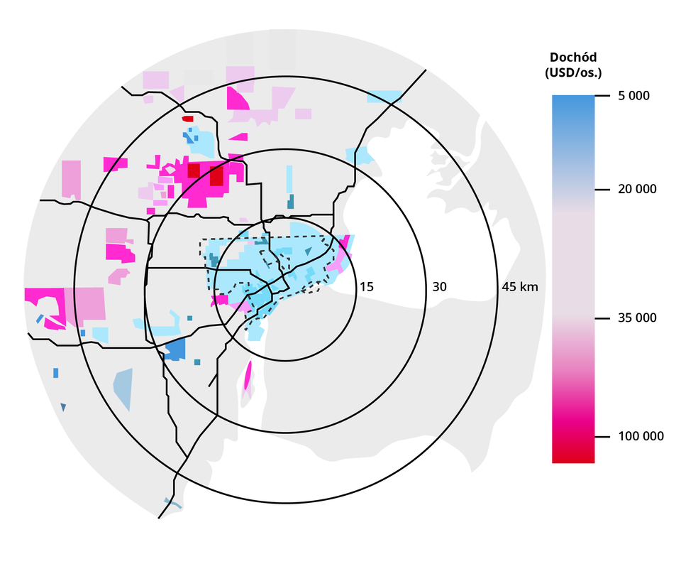 Ilustracja przedstawia rozkład rocznego dochodu na mieszkańca Detroit i obszaru metropolitalnego. Wynika z niej, iż większość mieszkańców Detroit zarabia o wiele mniej niż osoby mieszkające w obszarze metropolitalnym. W mieście dochody zaczynają się od 5000 dolarów na osobę i raczej nie przekraczają 20000. natomiast w obszarze metropolitalnym dochody sięgają nawet ponad 100000 dolarów na osobę.