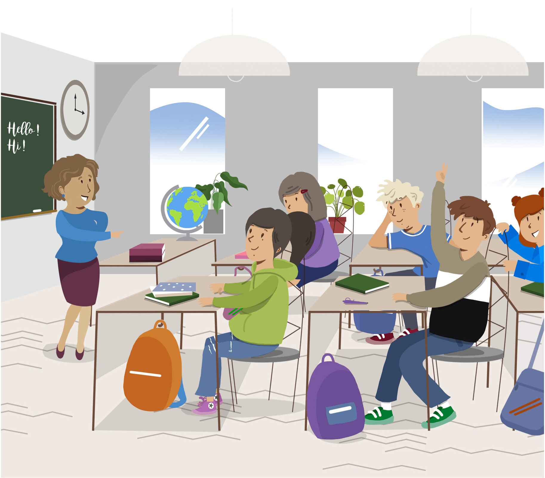 Ilustracja przedstawia klasę lekcyjną z nauczycielką prowadzącą zajęcia. Uczniowie siedzą w ławkach, a jeden z nich podnosi rękę, prawdopodobnie chcąc zadać pytanie.