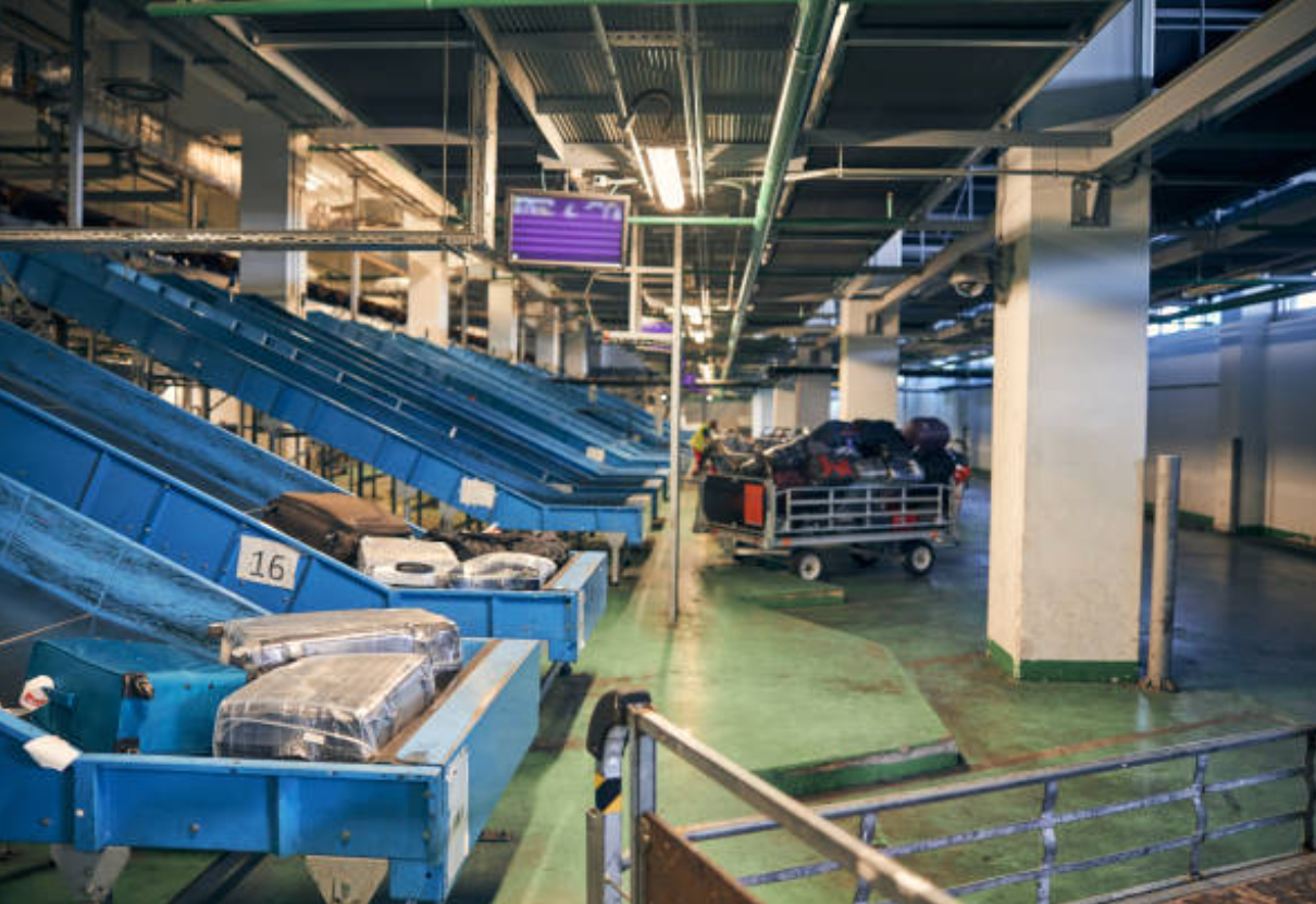 Zdjęcie przedstawia taśmociągi bagażowe systemu BHS. Widoczne jest duże pomieszczenie. Z lewej strony widać niebieskie taśmociągi transportujące walizki i torby z góry na dół, gdzie się kończą. Przy końcach niektórych taśmociągów stoją wózki bagażowe. Na jeden z nich załadowano już bagaże.