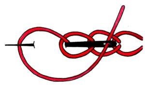 Grafika przedstawia ścieg łańcuszkowy. Widoczna jest igła, a po jej obu stronach nitka układająca się w duże, zazębiające się pętelki. Całość przypomina łańcuszek.