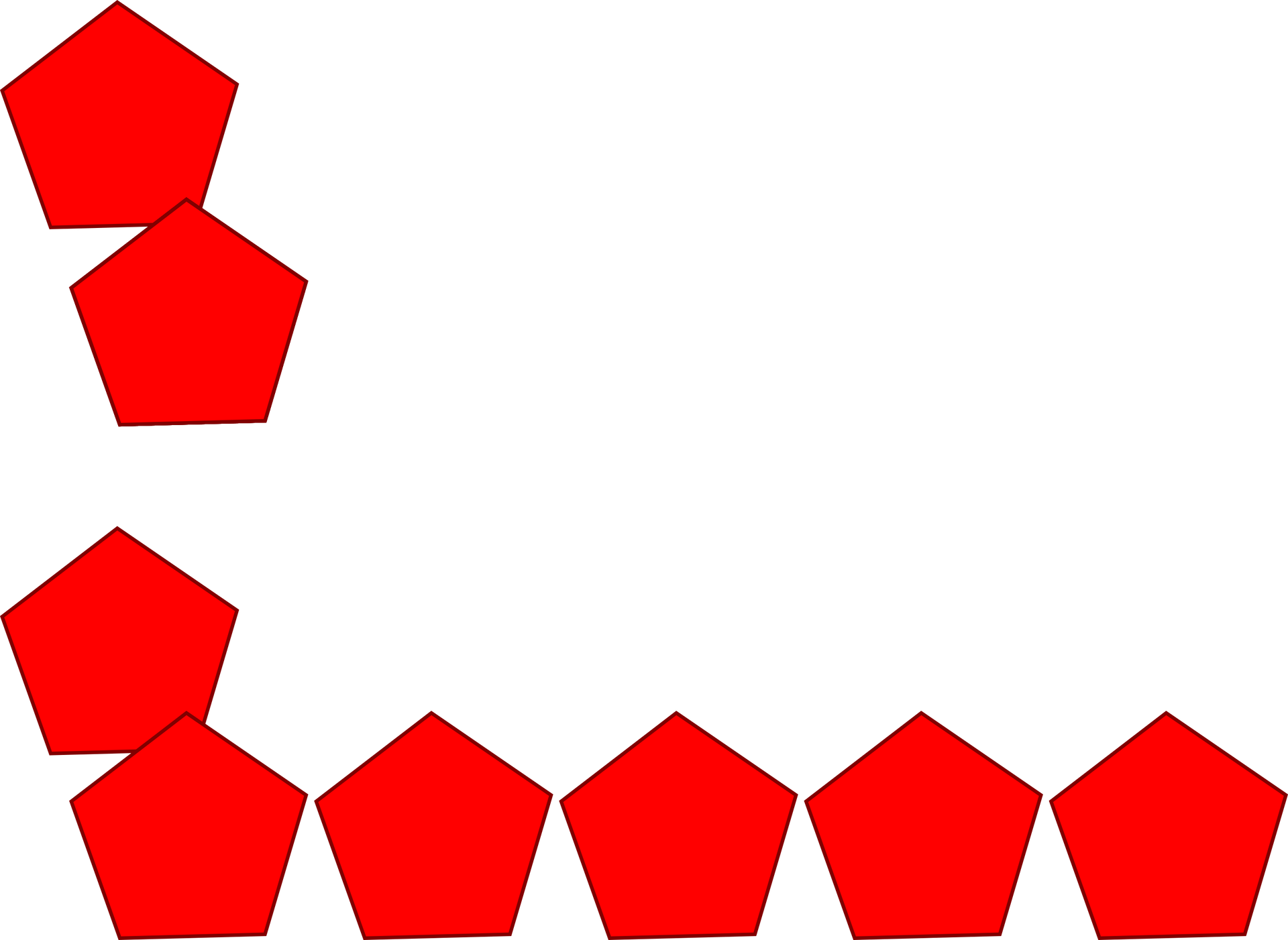 Ilustracja przedstawia czerwone pięciokąty. Na górze są dwa nachodzące na siebie, na dole są są te same dwa oraz rząd kolejnych pojedynczych, skopiowanych z pierwszej pary.