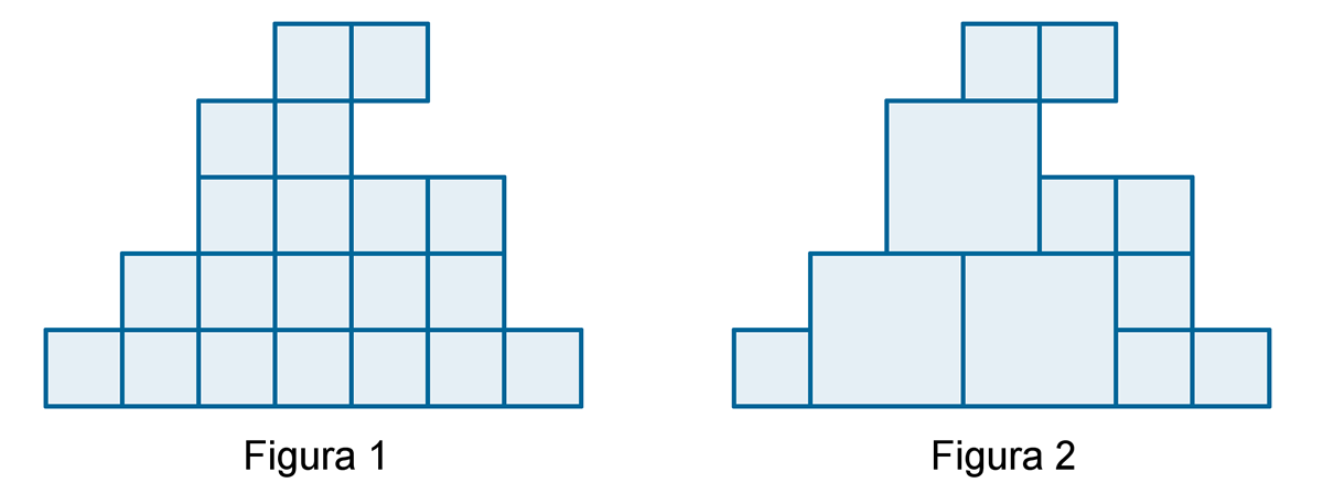 Na obrazku widać dwie figury. Figura 1 składa się z dwudziestu jednakowych małych kwadratów, a figura 2 składa się z trzech większych kwadratów i z ośmiu mniejszych kwadratów.