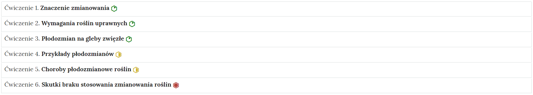 Grafika przedstawia przykładowy widok ogólny harmonii z sześcioma interaktywnymi materiałami sprawdzającymi. Jest to kolumna z sześcioma wierszami. Wewnątrz każdego z nich został umieszczony numer ćwiczenia wraz z nazwą działu, którego dotyczy. Z boku dodatkowo znajduje się ikonka w kształcie sześciokąta oznaczająca poziom trudności. Zielona oznacza łatwy, żółta średni, a czerwona trudny. Po kliknięciu danego wiersza ukazuje się wybrane ćwiczenie.