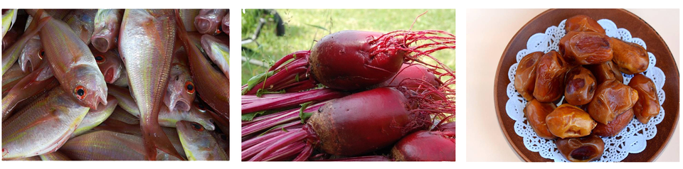 Trzy zdjęcia. Przedstawiają kolejno:  martwe ryby, bulwy buraków czerwonych, suszone daktyle leżące na talerzu. 