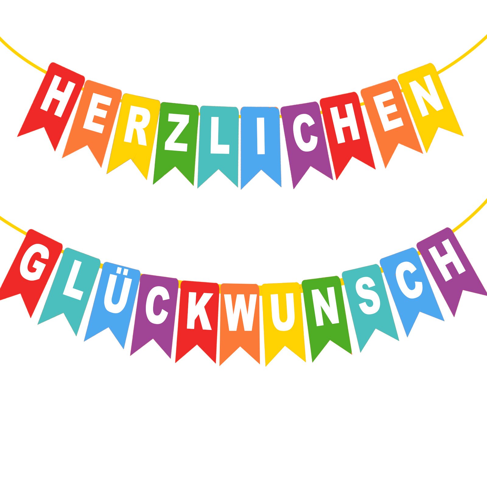 Ilustracja przedstawia girlandę urodzinową tworzącą napis "Herzlichen Glückwunsch".