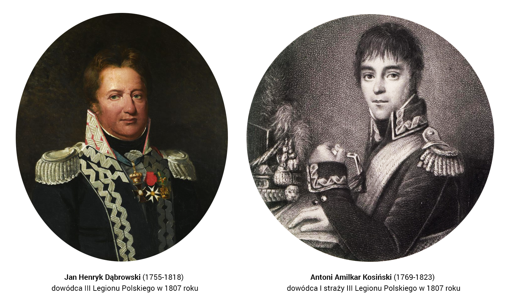 Ilustracja przedstawia portrety dwóch generałów w mundurach francuskich: Jana Henryka Dąbrowskiego (z lewej strony) oraz Antoniego Amilkara Kosińskiego (z prawej strony). Jan Henryk Dąbrowski ma krótkie, brązowe włosy. Ubrany jest w granatowy mundur ze złotymi wykończeniami i wysoko postawionym kołnierzem. Do munduru przypięte ma odznaczenia: Orderu Legii Honorowej oraz Order Virtutti Militari. Pod jego portretem podpis: „Jan Henryk Dąbrowski (1755–1818) – dowódca III Legionu Polskiego w 1807 roku”. Antoni Amilkar Kosiński ma ciemne włosy. Ubrany jest w ciemny mundur z wysokim kołnierzem i jasnymi wykończeniami. Obok niego, na stole, leży jego wysoka czapka z dużym piórem. Pod portretem podpis: „Antoni Amilkar Kosiński (1769–1823) – dowódca I straży III Legionu Polskiego w 1807 roku”.