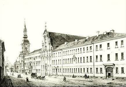 Szkic przedstawia Kolegium jezuitów w Kaliszu. Jest to długi dwupiętrowy budynek znajdujący się przy głównej ulicy, po której chodzą ludzie i jeżdżą dorożki. W oddali znajduje się wieża katedry. 