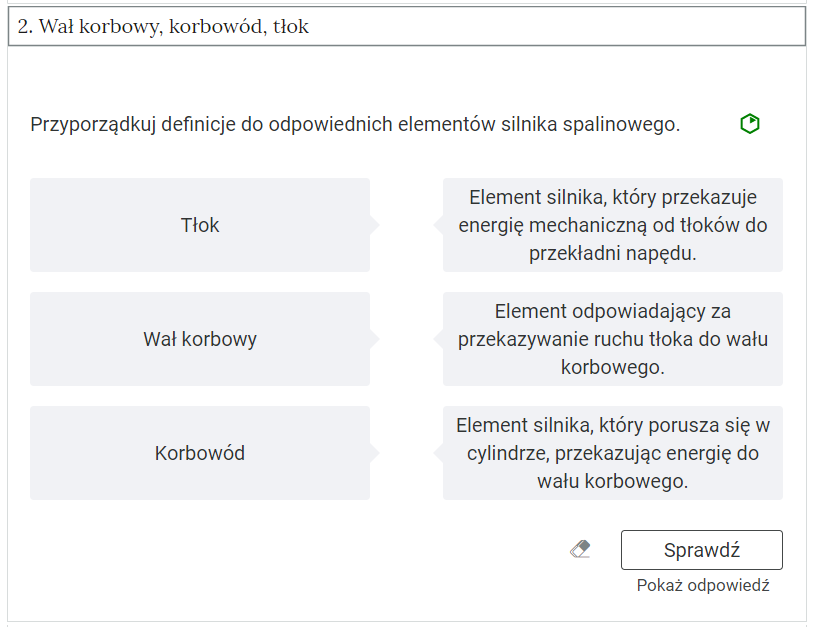 Zdjęcie przedstawia otwartą zakładkę z przykładowym zadaniem. Pod nazwą zakładki znajduje się polecenie. Pod poleceniem widać treść zadania z odpowiedziami do wyboru. Po prawej stronie polecenia widać zielony sześciokąt. Poniżej zadania, po prawej stronie panelu znajduje się ikona sprawdź. Po jej lewej stronie widać symbol gumki. Poniżej przycisku sprawdź znajduje się napis pokaż odpowiedź.