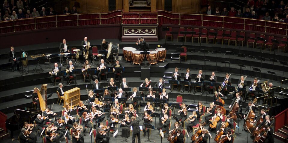 Fotografia przedstawia: Royal Philharmonic Orchestra. Muzycy są w trakcie wykonywania utworu. Ubrani są w czarno białe stroje. Wyżej od orkiestry siedzą ludzie w czerwonych lożach.