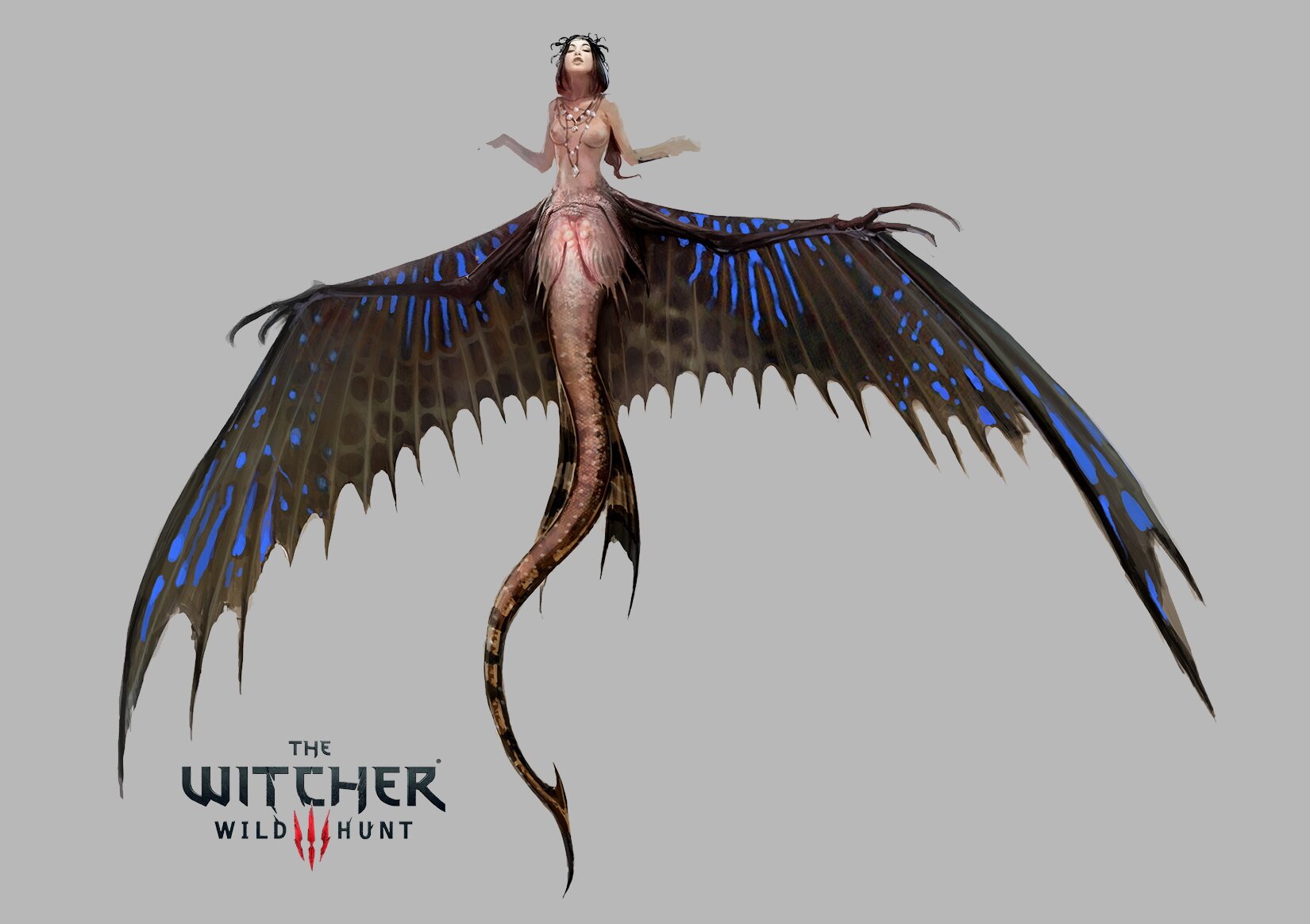 Ilustracja przedstawia syrenę z gry Wiedźmin 3: Dziki Gon na szarym tle. Syrena od pasa w górę ma ciało kobiety, a dół jej ciała stanowi długi ogon, pokryty różowymi i brązowymi łuskami, ostro zakończony. Wzdłuż ogona ma dwie podłużne płetwy. Wszerz jej ciała, na wysokości bioder ma dwie ogromne płetwy, przypominające kształtem skrzydła. Są one rozłożone po obu stronach. Ich kolor jest czarnobrązowy, w jaskrawoniebieskie plamy. Płetwy są łukowato zakończone na dole. Na szyi syrena ma naszyjniki z białymi kamieniami lub muszlami. Ma ciemne włosy do ramion.