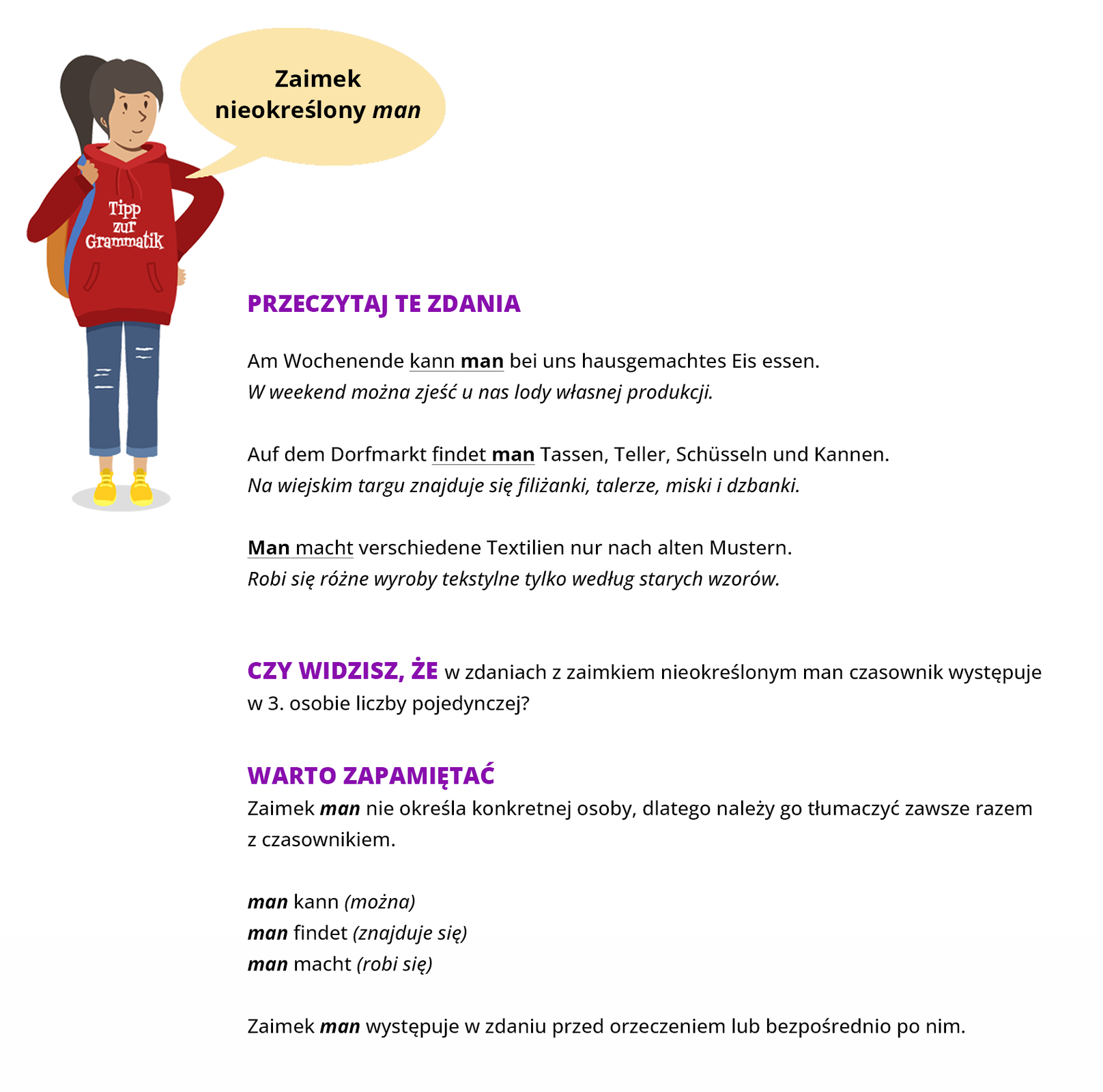 Ilustracja zawiera poradę językową.
Ilustracja przedstawia dziewczynę ubraną w czerwoną bluzę z napisem Tipp zur Grammatik oraz w niebieskie spodnie. Obok widoczny jest dymek zawierający napis: Zaimek nieokreślony man.
Pozostałą część grafiki stanowi tekst, którego treść wyświetla się w trybie dostępności.