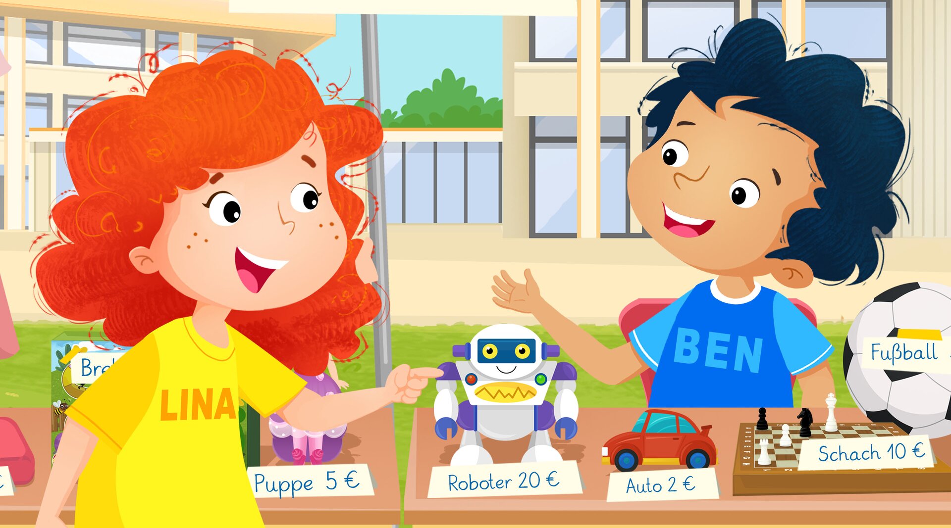 Ilustracja przedstawia Bena i Linę rozmawiających o cenach na pchlim targu.