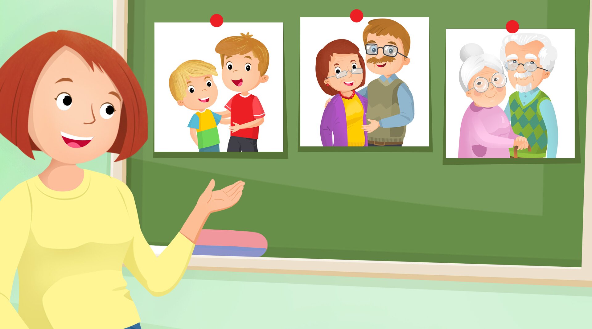 Ilustracja przedstawia kobietę, która pokazuje zdjęcia swojej rodziny. Są one przypięte do tablicy. Na zdjęciach widać dwóch chłopców, rodziców oraz dziadków.