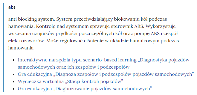 Ilustracja przedstawia przykładowe pojęcie z słownika oraz panel do wyszukiwania fraz. Na panelu znajduje się szary napis filtruj pojęcie oraz czarny krzyżyk do usunięcia wpisanej frazy. Poniżej przedstawione jest pojęcie ze Słownika. Konstrukcja jest następująca: pojęcie, poniżej jego wyjaśnienie, a pod nim znajduje się link, po którego kliknięciu użytkownik przenosi się do rozdziału w tym materiale, w którym dane pojęcie jest wykorzystywane. Linków może być jeden lub kilka, w zależności od tego, w ilu rozdziałach użyto pojęcia.
