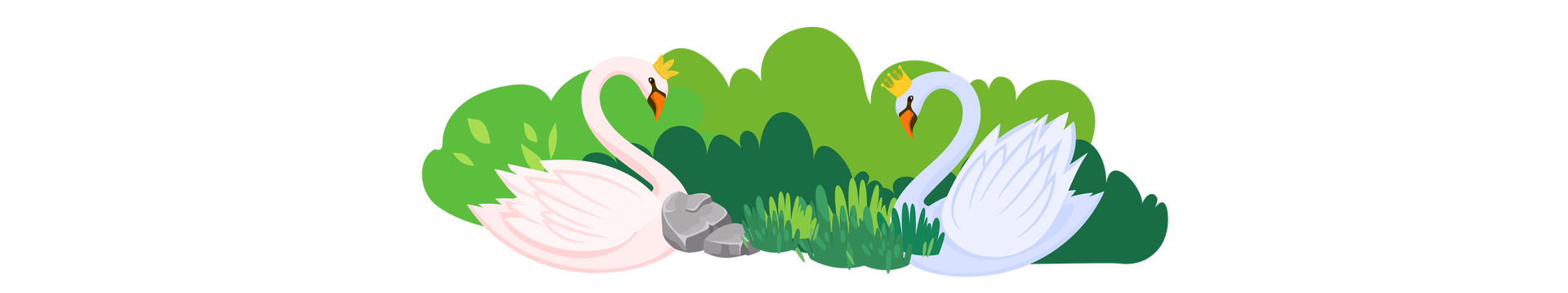 Ilustracja przedstawia dwa białe łabędzie w złotych koronach, siedzące wśród zielonej roślinności. Łabędź to ptak o białym upierzeniu, posiadający długą szyję i pomarańczowy dziób.