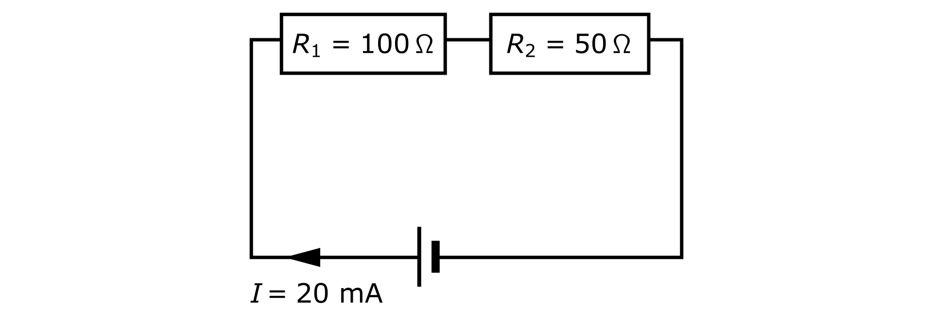 Ilustracja przedstawia schemat połączenia szeregowego. Obwód prostokątny. Na środku dolnego boku symbol źródła napięcia, z biegunem dodatnim z lewej strony a biegunem ujemnym z prawej. Na lewo od dodatniego bieguna grot strzałki, skierowany w lewo i podpisany: I równa się dwadzieścia em‑A. Na górnym boku dwa oporniki. Opornik z lewej strony opisany: R z indeksem dolnym jeden równa się sto omega. Opornik z prawej strony opisany: R z indeksem dolnym dwa równa się pięćdziesiąt omega.