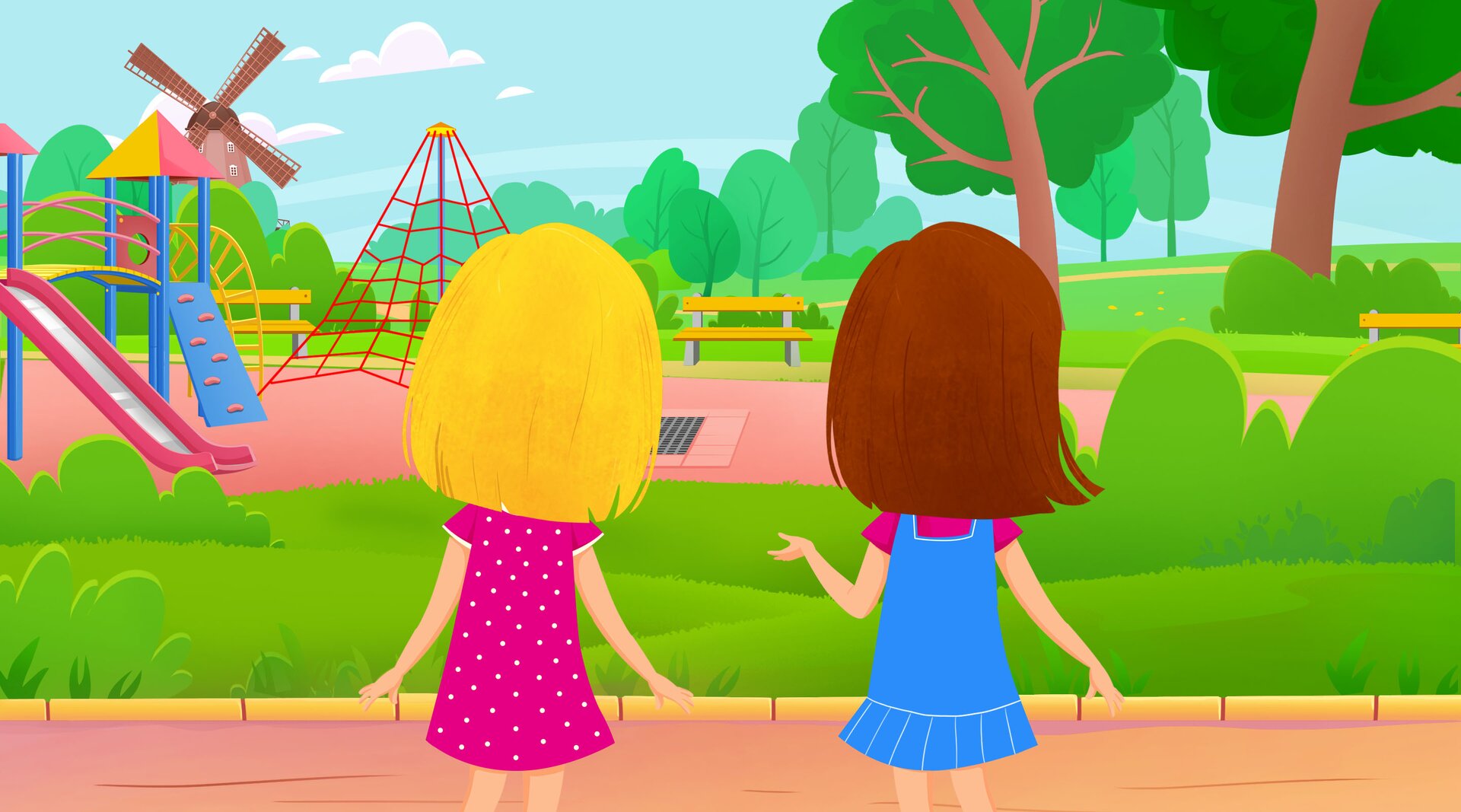 Ilustracja przedstawia Klarę i Julię stojące przed placem zabaw w parku.