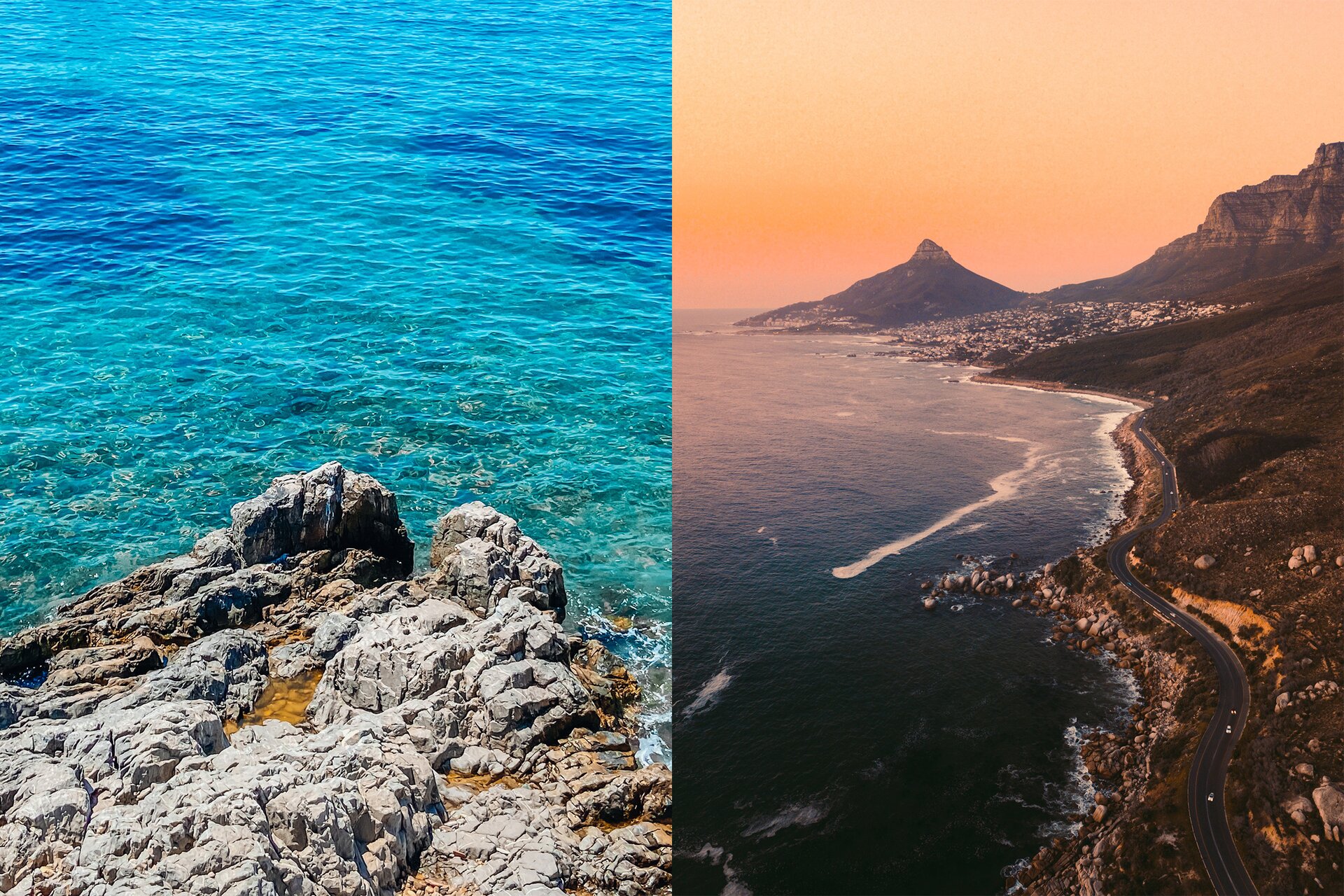 Ilustracja składa się z dwóch zdjęć. Na zdjęciu po lewej stronie widoczny jest fragment skalistego brzegu oraz krystalicznie czystej, niebieskiej wody. Na zdjęciu po prawej stronie widoczne jest długie, górskie wybrzeże. W tle widoczne jest wyniesienie kształtem przypominające wulkan. Wzdłuż linii brzegowej biegnie  droga. Po jej lewej stronie widoczna jest granatowa woda ze spienionymi, białymi falami rozbijającymi się o skały. 