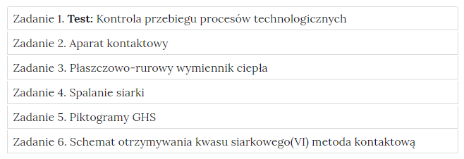 Ilustracja przedstawiona widok ćwiczeń do wyboru, element interaktywnych materiałów sprawdzających. Ćwiczenia dotyczą: kontroli przebiegu procesów technologicznych.
