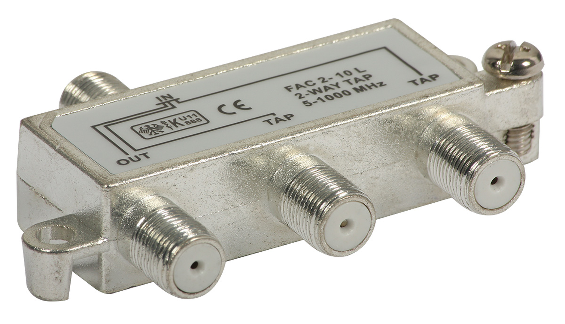 Ilustracja przedstawia odgałęźnik TV 2‑krotny FAC‑2-10 dB. To urządzenie służące do podziału sygnału antenowego w sieciach telewizyjnych. To niewielkie, płaskie urządzenie. Posiada trzy wejścia na jednym dłuższym boku i jedno na przeciwnym. Na wierzchu widoczne są oznaczenia dotyczące tłumienia w decybelach, liczby wejść i zakresie częstotliwości w megahercach.