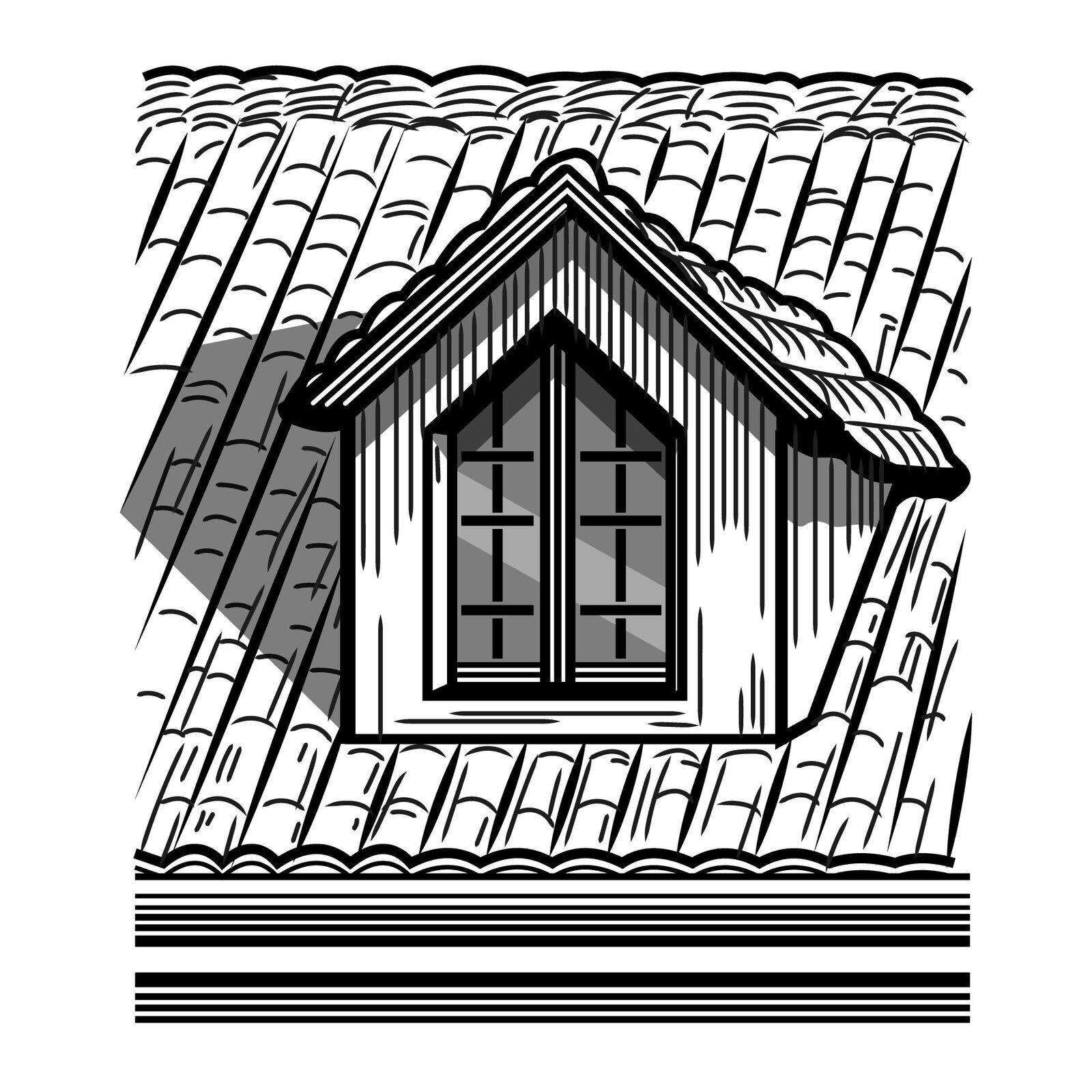 Czarno‑biała ilustracja przedstawia fragment dachu z którego wystaje dobudówka z oknem.