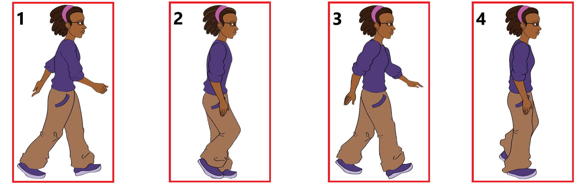 Na zdjęciu przedstawiono sekwencje czterech animacji z poruszającym się duszkiem. Duszek jest przedstawiony jako idąca dziewczynka. Na wszystkich zdjęciach dziewczynka ma ciemną karnację. Dziewczynka ubrana jest w fioletową bluzę i beżowe spodnie. Dziewczynka jest w czerwonej ramce.Na pierwszym zdjęciu dziewczynka idzie. Lewą nogę ma wysuniętą do przodu.Na drugim zdjęciu dziewczynka stoi na lewej nodze. Ugina prawą nogę.Na trzecim zdjęciu dziewczynka ma wysuniętą do przodu prawą nogę.Na czwartym zdjęciu dziewczynka stoi na prawej nodze. Ma ugięta lewą nogę.