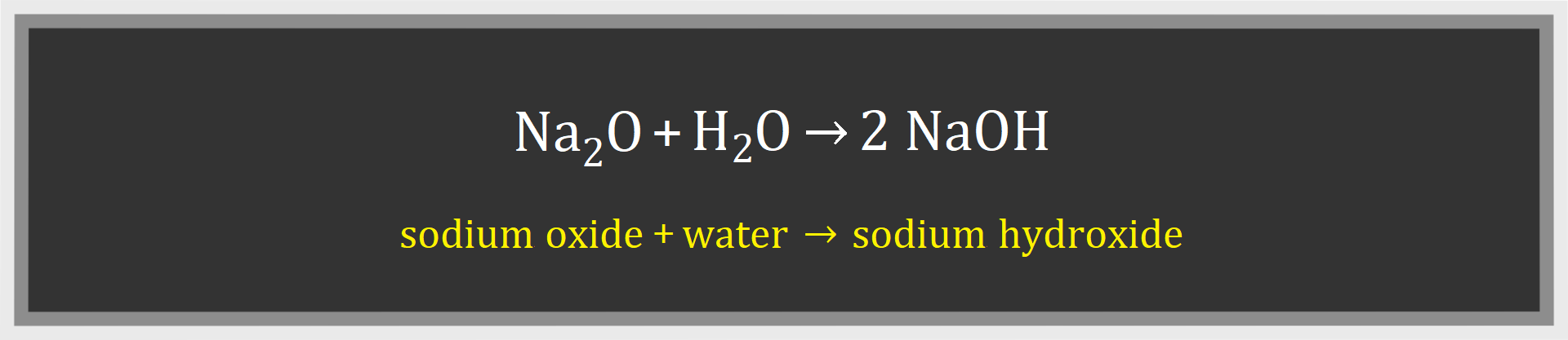 Ilustracja zawiera zapis: ena dwa o + ha dwa o strzałka w prawo dwa ena o ha, sodium oxide + water strzałka w prawo sodium hydroxide.
