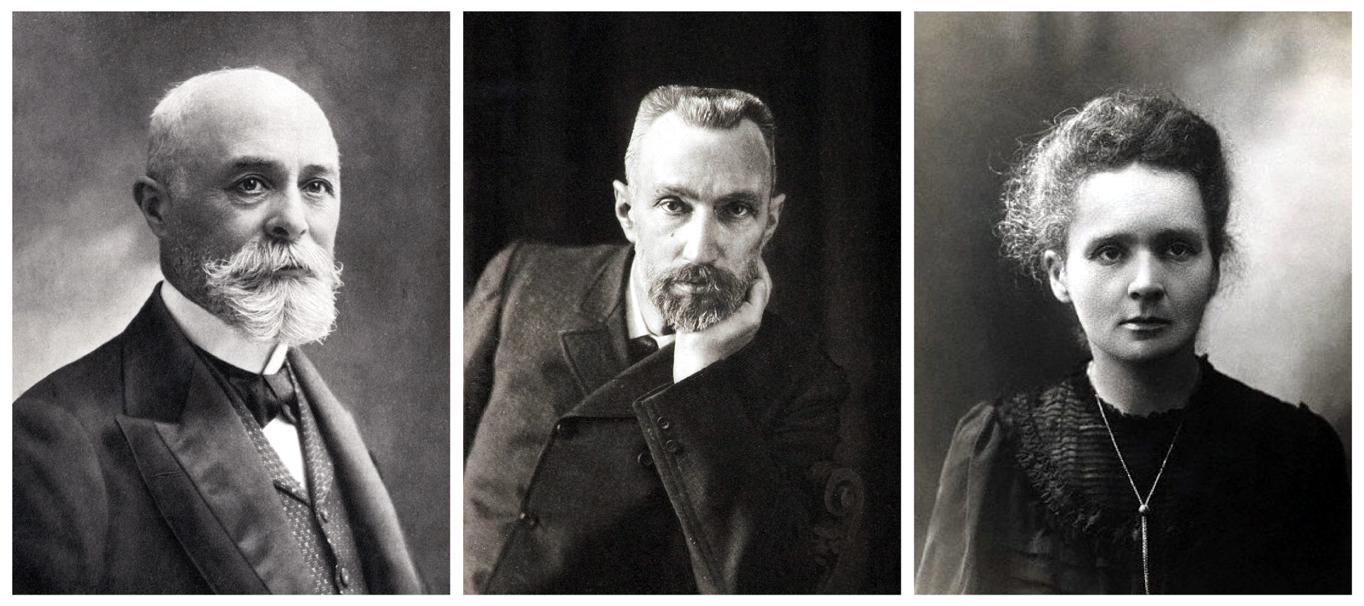 Ilustracja przedstawia 3 zdjęcia badaczy promieniotwórczości. Zdjęcia ułożone w jednym rzędzie. Od lewej: Henri Becquerel, Piotr Curie i Maria Skłodowska-Curie. Zdjęcie pierwsze: mężczyzna w wieku około sześćdziesięciu lat. Łysy, jedynie po bokach głowy widoczne krótkie, siwe włosy. Czoło wysokie. Gęste, siwe wąsy i broda, starannie uczesane. Oczy duże, ciemne. Nos średni, uszy małe. Mężczyzna ubrany w elegancki płaszcz, kamizelkę, białą koszulę z kołnierzem typu stójka. Pod szyją zawiązany czarny, aksamitny materiał na wzór muchy. Drugie zdjęcie: mężczyzna w wieku około pięćdziesięciu pięciu lat. Włosy krótkie, siwiejące, uniesione do góry. Wyraźne zakola. Czoło wysokie. Uszy delikatnie szpiczaste. Nos długi, prosty. Wąsy i broda z widocznymi siwymi pasmami. Mężczyzna ubrany w ciemny płaszcz zapinany na czarne guziki. Pod szyją widoczny kołnierz białej koszuli i czarny krawat. Mężczyzna pozuje do zdjęcia podpierając brodę lewą ręką. Trzecie zdjęcie: kobieta w wieku około trzydziestu pięciu lat. Włosy puszyste, delikatnie kręcone. Czoło gładkie. Uszy małe. Usta średnie, nos mały, oczy duże. Łagodne rysy twarzy. Krótki podbródek. Kobieta ubrana w czarną bluzkę lub sukienkę, z długim rękawem. Na szyi zawieszony długi łańcuszek.
