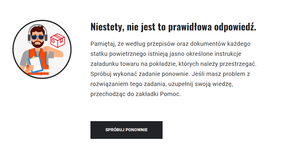 Przykładowy ekran w przypadku błędnej odpowiedzi.