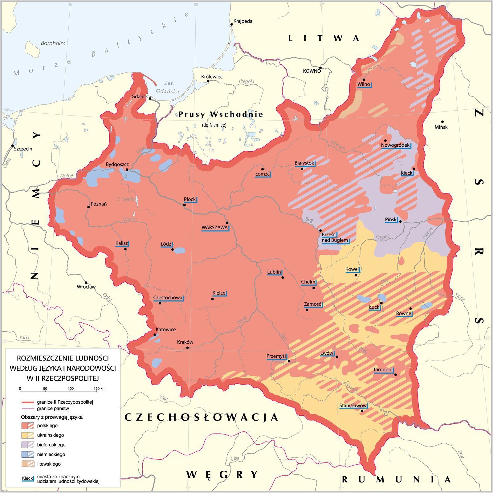 Kliknij, aby powiększyć Na ilustracji mapa II RP, kolorem czerwonym zaznaczono obszar zamieszkały przez ludność polskojęzyczną, kolorem żółtym - ukraińskojęzyczną, fioletowym - białoruskojęzyczną.