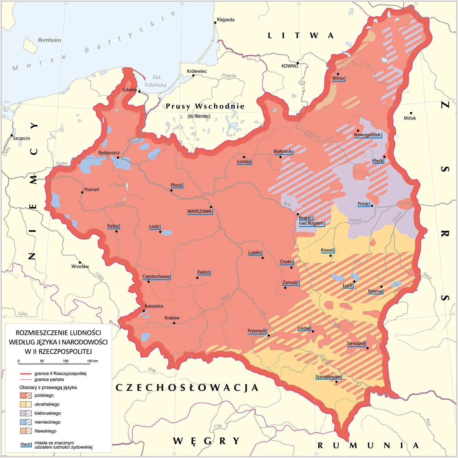 Kliknij, aby powiększyć Na ilustracji mapa II RP, kolorem czerwonym zaznaczono obszar zamieszkały przez ludność polskojęzyczną, kolorem żółtym - ukraińskojęzyczną, fioletowym - białoruskojęzyczną.