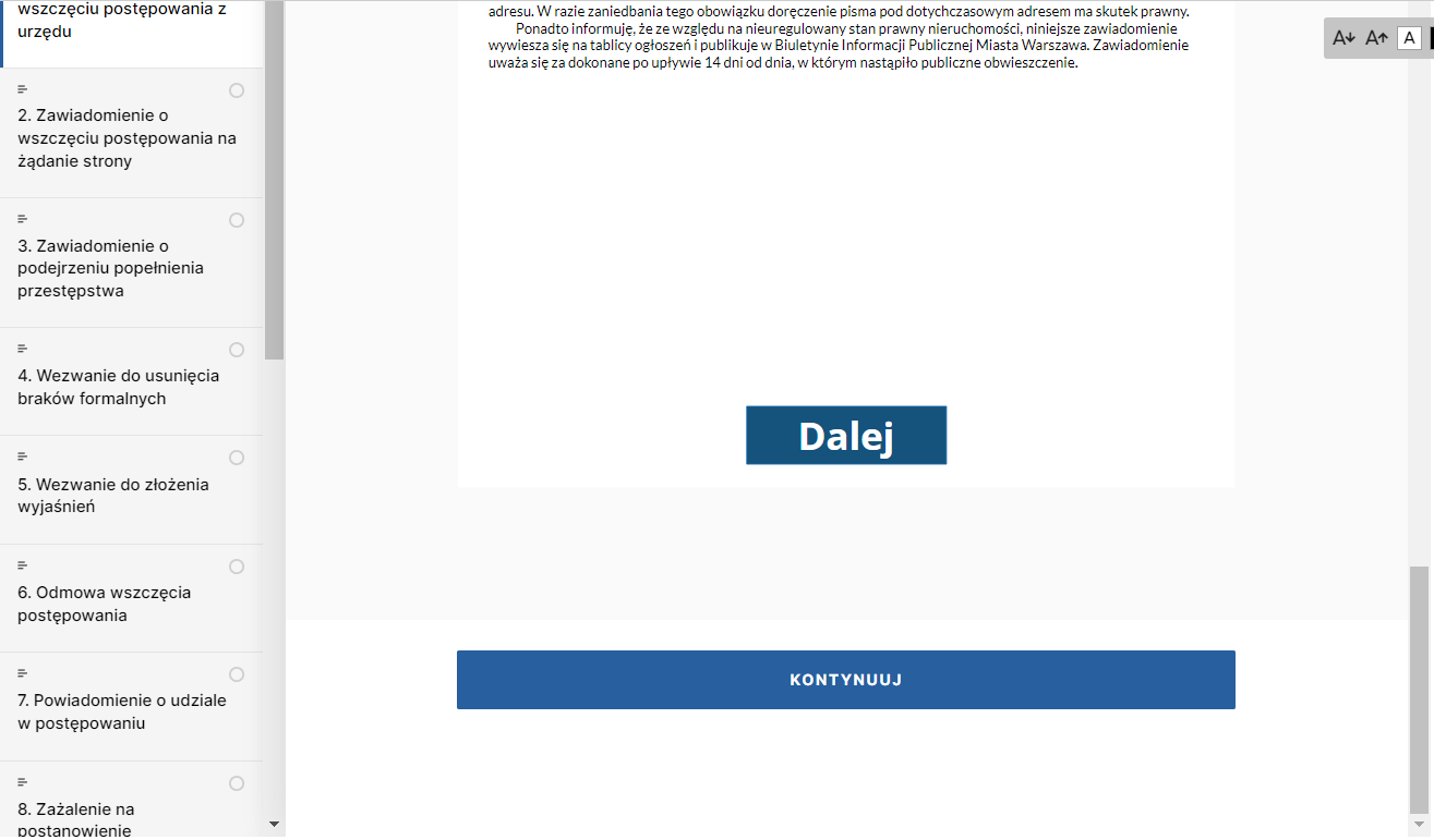 Widok na przycisk ,,Kontynuuj''