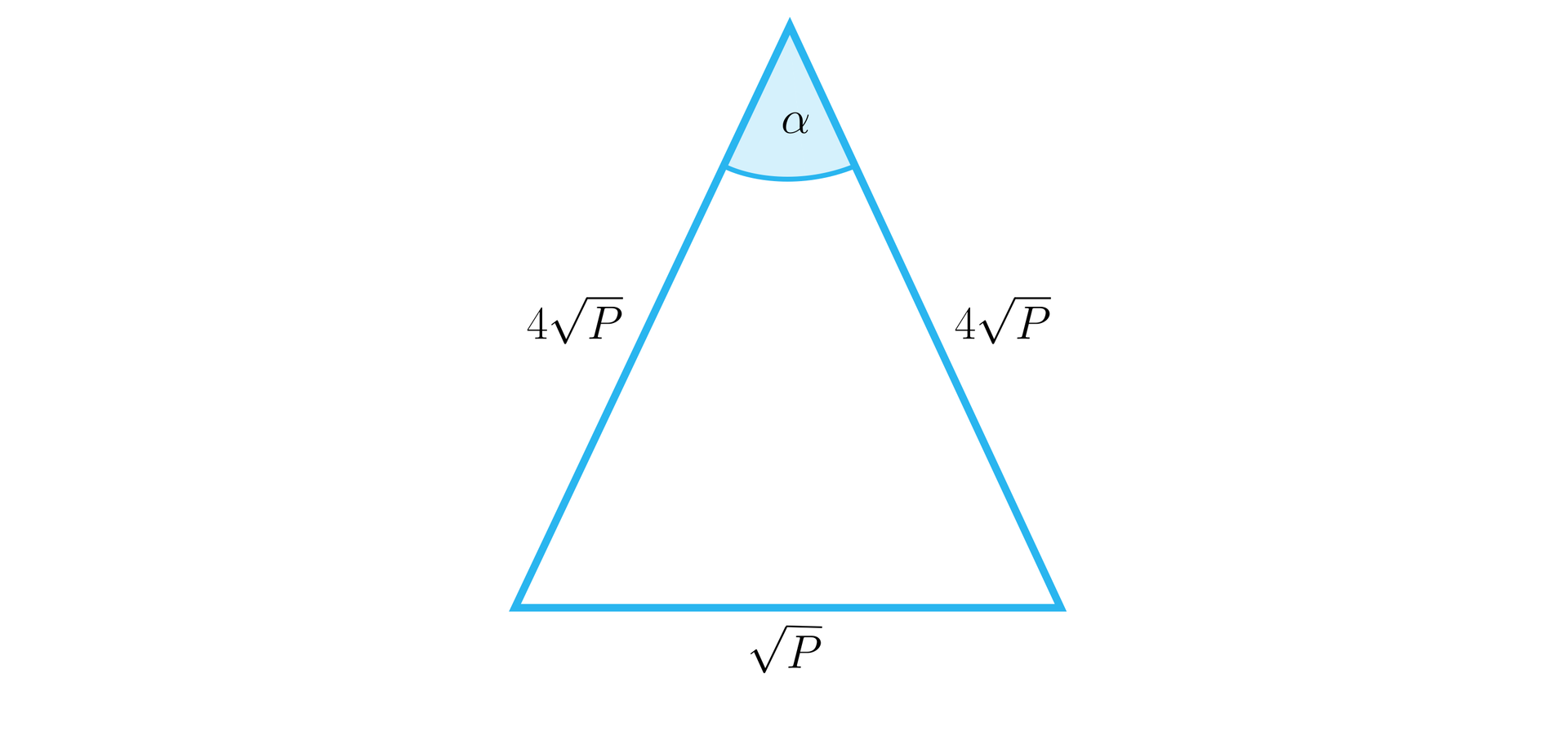 Rysunek przedstawia trójkąt równoramienny o długości ramion równej 4P oraz o podstawie o długości P. Zaznaczono kąt wewnętrzny trójkąta między jego ramionami. Kąt ten wynosi α.
