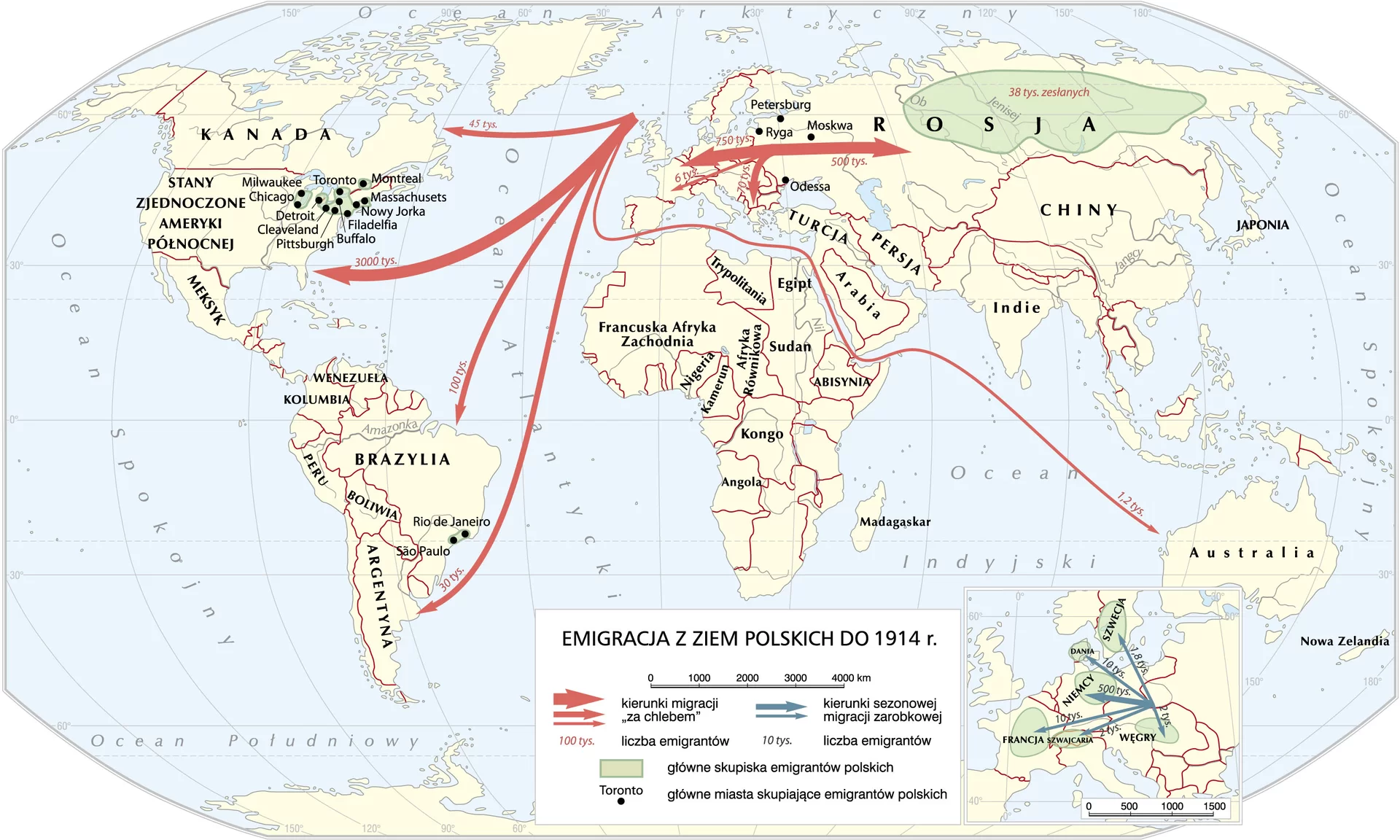 Na mapie zaznaczono szlaki emigracji z ziem polskich, do 1914 r.Na mapie zaznaczono:
 kierunki migracji „za chlebem”: Kanada; Stany Zjednoczone; Brazylia; Argentyna; Australia; Rosja.
liczbę emigrantów;
 kierunki sezonowej migracji zarobkowej: Niemcy; Szwecja; Francja; 
Szwajcaria; Węgry.
główne skupiska emigrantów polskich:
główne miasta skupiające emigrantów polskich:
Filadelfia, Toronto, Rio de Janeiro, 