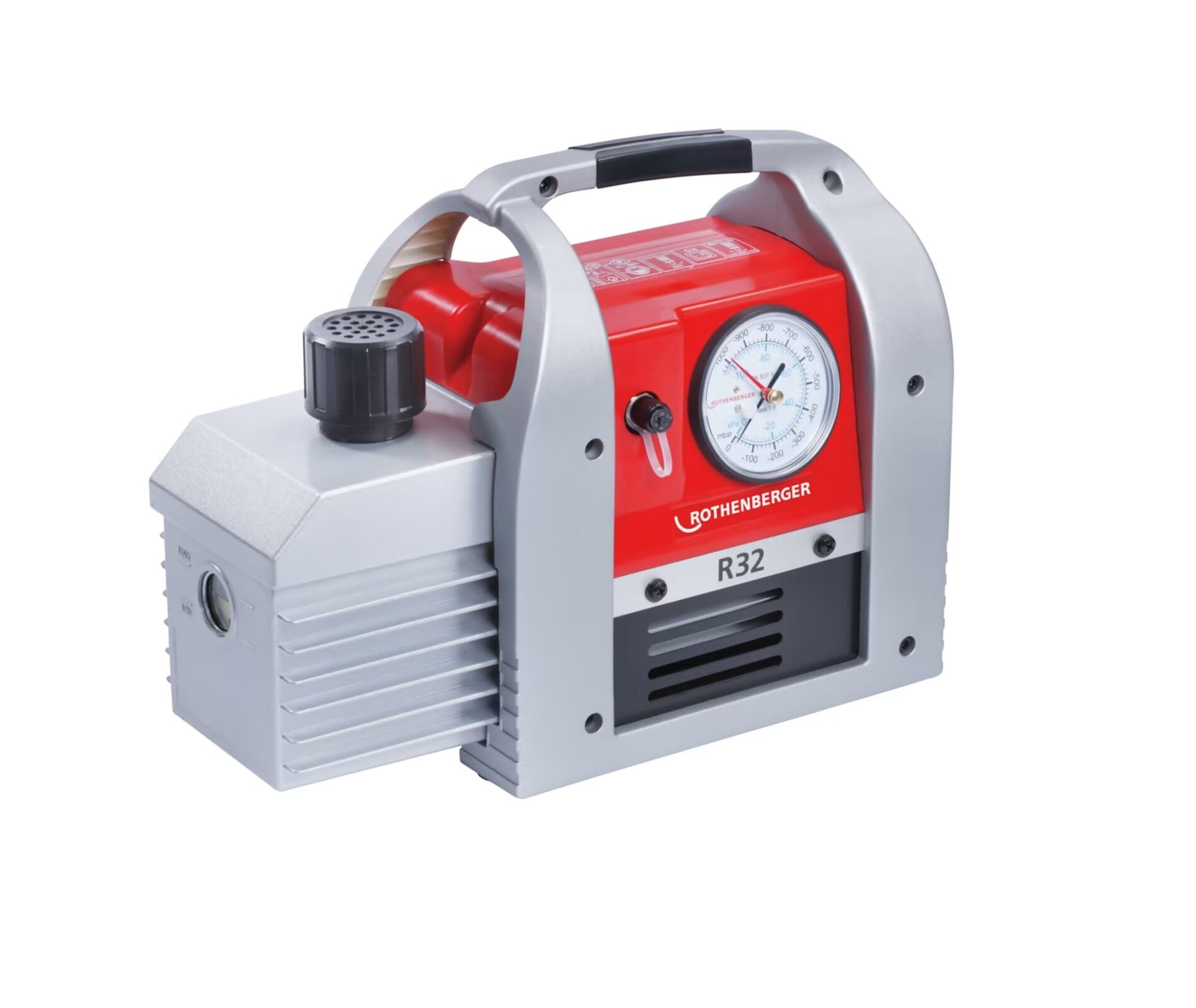 Zdjęcie przedstawia czerwono‑szare urządzenie w kształcie prostopadłościanu, z uchwytem do przenoszenia. Na przedniej ścianie zamontowany jest manometr oraz zawór do podłączenia węża elastycznego. Z boku zbiornik oleju z wziernikiem do badania jego poziomu.