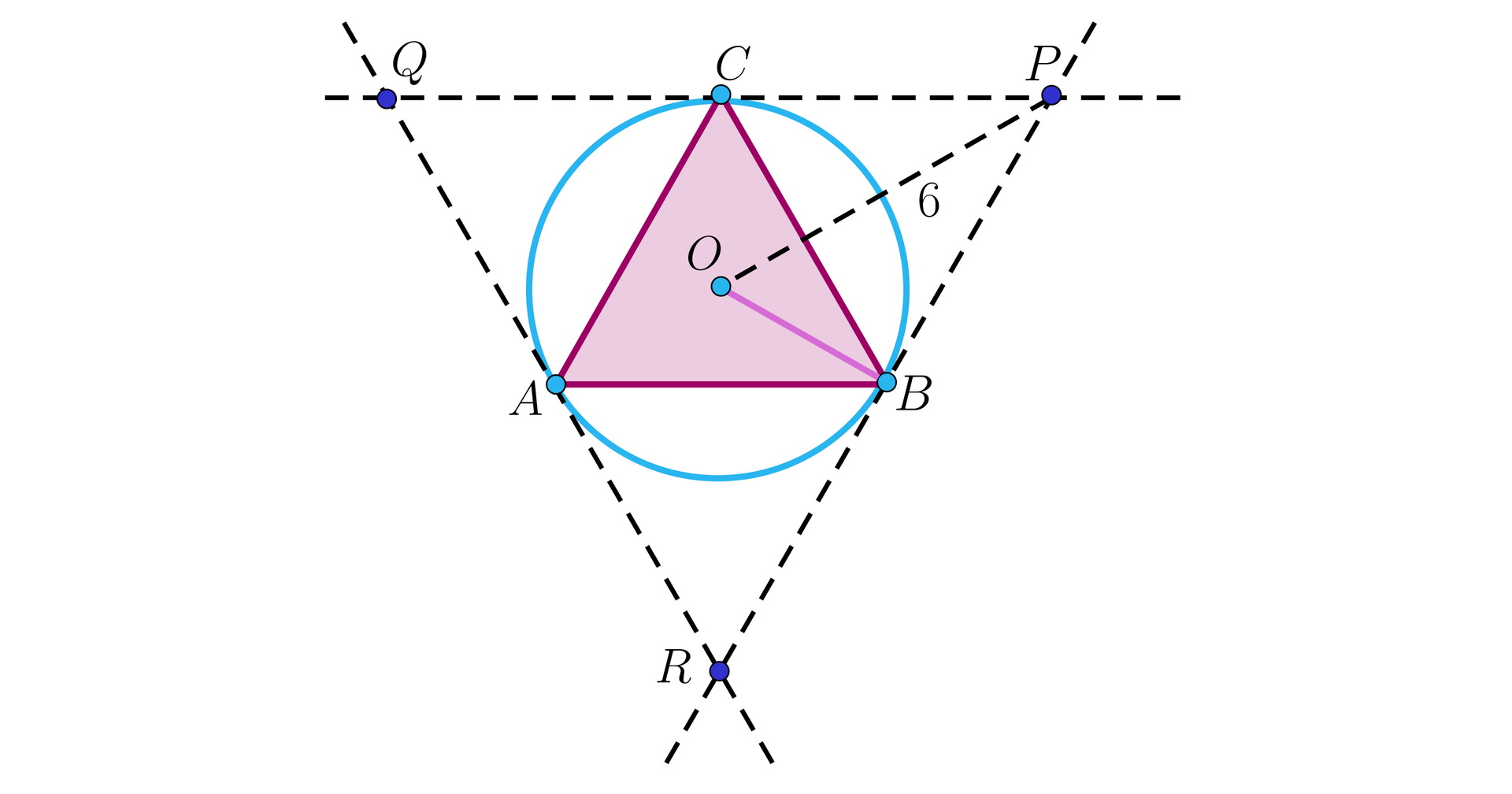 Na rysunku przedstawiono okrąg o środku w punkcie O. W okrąg wpisano trójkąt ABC i  wykreślono promień okręgu, który jest odcinkiem OB. Przez każdy wierzchołek trójkąta wpisanego w okrąg przeprowadzono linią  przerywaną prostą styczną w danym punkcie do okręgu. Punkty przecięcia tych prostych również opisano. Punkt przecięcia poziomej prostej przechodzącej przez  punkt C oraz ukośnej prostej przechodzącej przez punkt A to punkt Q. Punkt przecięcia  ukośnych prostych przechodzących przez punkty A oraz B to punkt R. Punkt przecięcia ukośnej  prostej przechodzącej przez punkt B oraz poziomej prostej przechodzącej przez punkt C to punkt  P. Ze środka okręgu wyprowadzono linią przerywaną odcinek OP o długości 6.