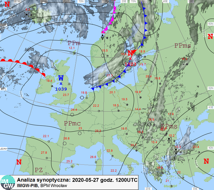 Mapa synoptyczna. Mapa obejmuje Europę. Zaznaczono na niej izoliniami wyże i niże. Wyż jest nad Wielką Brytanią i Irlandią, obejmuje część Skandynawii, Polskę i sięga daleko na południe aż po Włochy, Hiszpanię. Od strony Skandynawii wdziera się jednak front chłodny - niż. Nie jest również w rejonie Turcji. Na mapie podano także temperaturę w różnych państwach, opady, tendencję ciśnienia, masy powietrza, na przykład P Pms nad Rumunią i Rosją, P Pmc nad Francją.   