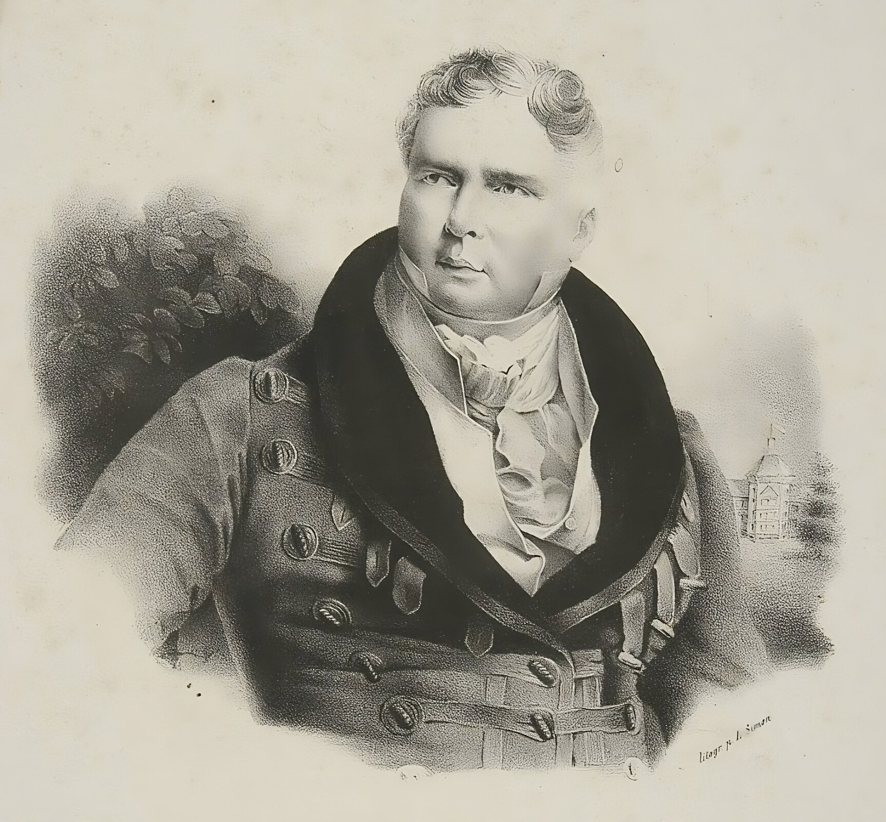 Ilustracja przedstawia księcia Antoniego Radziwiłła. Przedstawiony jest jako mężczyzna w starszym wieku, o okrągłej twarzy. Ma gładko ogoloną twarz, na głowie krótko ostrzyżone włosy. Patrzy w prawą stronę. Ubrany jest w surdut. Ma na sobie koszulę z wysokim kołnierzem dotykającym twarzy. Na szyi zawiązany w kokardę szal. W tle za lewym ramieniem księcia widoczny jest pałac. Po prawej widać fragment liściastej rośliny.