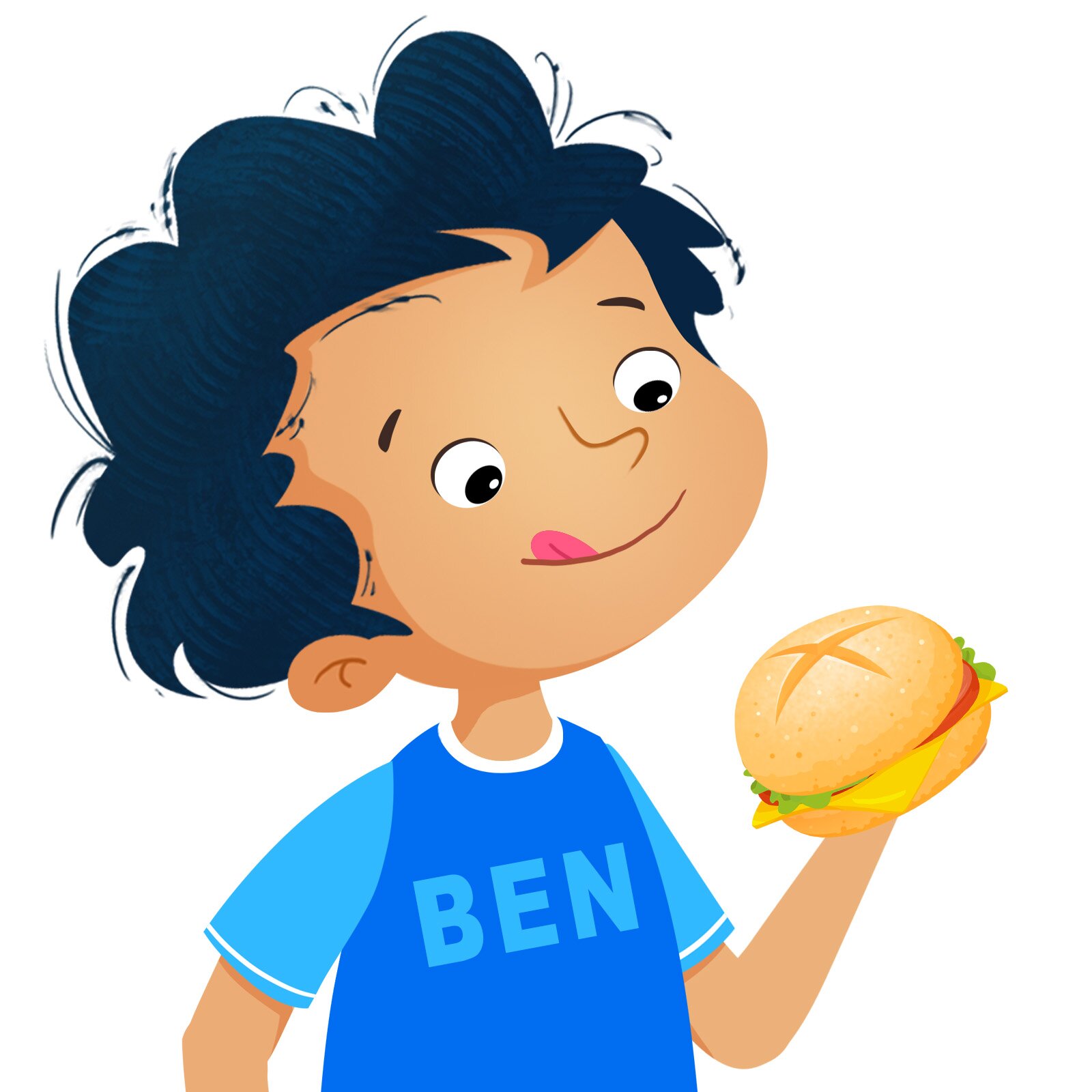Na ilustracji znajduje się chłopiec trzymający kanapkę.
