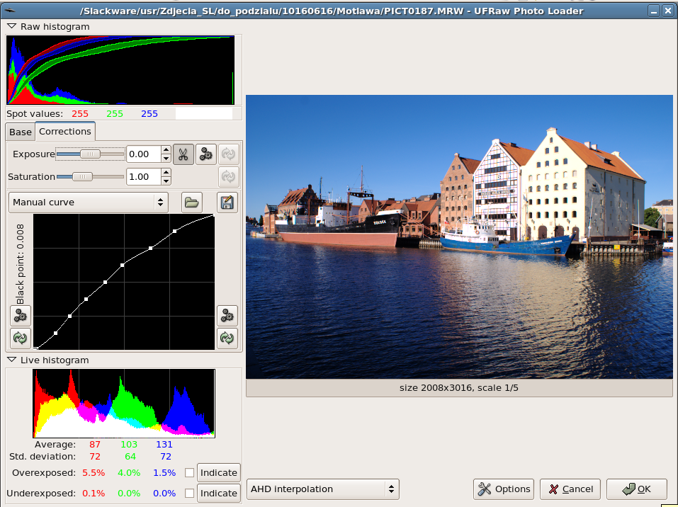 Zdjęcie przedstawia zrzut ekranu z ustawieniami fotografii w formacie RAW. Po prawej stronie widoczne jest wykonane zdjęcie, zaś po lewej panel z ustawieniami, w tym krzywe, ekspozycja, ustawienia ręczne.