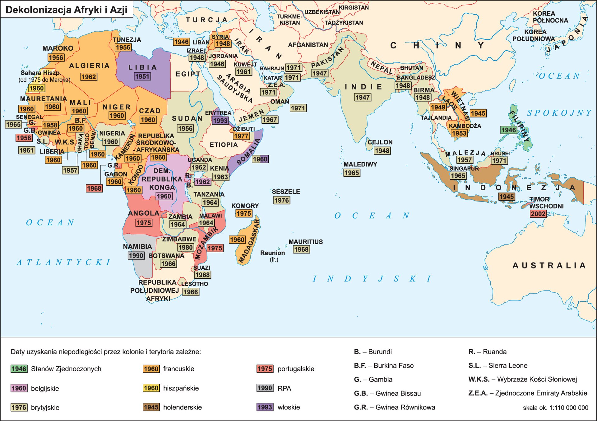 Na mapie pokazano dekolonizację Afryki i Azji. Mapa zawiera daty uzyskania niepodległości przez kolonie i terytoria zależne: belgijskie, brytyjskie, francuskie, hiszpańskie, holenderskie, portugalskie, włoskie, RPA i Stanów Zjednoczonych. Większość kolonii francuskich w Afryce uzyskała niepodległość w 1960 roku: między innymi Niger, Czad, Republika Środkowoafrykańska, Kamerun, Kongo, Gabon, Togo, Benin, Wybrzeże Kości Słoniowej, Mauretania, Senegal, Mali, Madagaskar. Maroko i Tunezja odzyskały niepodległość w 1956 roku, Algieria w 1962 roku, Dżibuti w 1977 roku. Kolonie brytyjskie: Sudan uzyskał niepodległość w 1956 roku, Ghana w 1957 roku, Nigeria w 1960 roku, Sierra Leone w 1961 roku, Uganda w 1962 roku, Kenia w 1963 roku, Zambia i Tanzania w 1964 roku, Botswana i Lesotho w 1966 roku, Zimbabwe w 1980 roku. Sahara Hiszpańska jako kolonia hiszpańska uzyskała niepodległość w 1960 roku, od 1975 roku należała do Maroka. Kolonie portugalskie w Afryce: Gwinea Bissau uzyskała niepodległość w 1958 roku, Gwinea Równikowa w 1968 roku, Mozambik i Angola w 1975 roku. Kolonie belgijskie: Demokratyczna Republika Konga uzyskała niepodległość w 1960 roku, Burundi i Rwanda w 1962 roku. Kolonie włoskie: Libia uzyskała niepodległość w 1951 roku, Somalia w 1960, Erytrea w 1993 roku. Namibia, należąca do RPA, uzyskała niepodległość w 1990 roku. Kolonie znajdujące się w Azji. Kolonie brytyjskie: Jemen uzyskał niepodległość w 1967 roku, Izrael w 1948 roku, Jordania w 1946 roku, Kuwejt w 1961 roku, Oman, Katar i Bahrajn w 1971 roku, Pakistan i Indie w 1947 roku, Cejlon w 1948 roku, Malediwy w 1965 roku, Mauritius w 1968 roku, Seszele w 1976 roku, Malezja w 1957 roku, Singapur w 1965 roku, Birma i Bangladesz w 1948 roku. Kolonie francuskie w Azji uzyskały niepodległość w następujących latach: Wietnam 1945, Liban 1946, Laos 1949, Syria 1948. Kolonie holenderskie: Indonezja uzyskała niepodległość w 1945 roku. Kolonia portugalska: Timor Wschodni uzyskał niepodległość w 2002 roku. Kolonia Stanów Zjednoczonych: Filipiny uzyskały niepodległość w 1946 roku. 