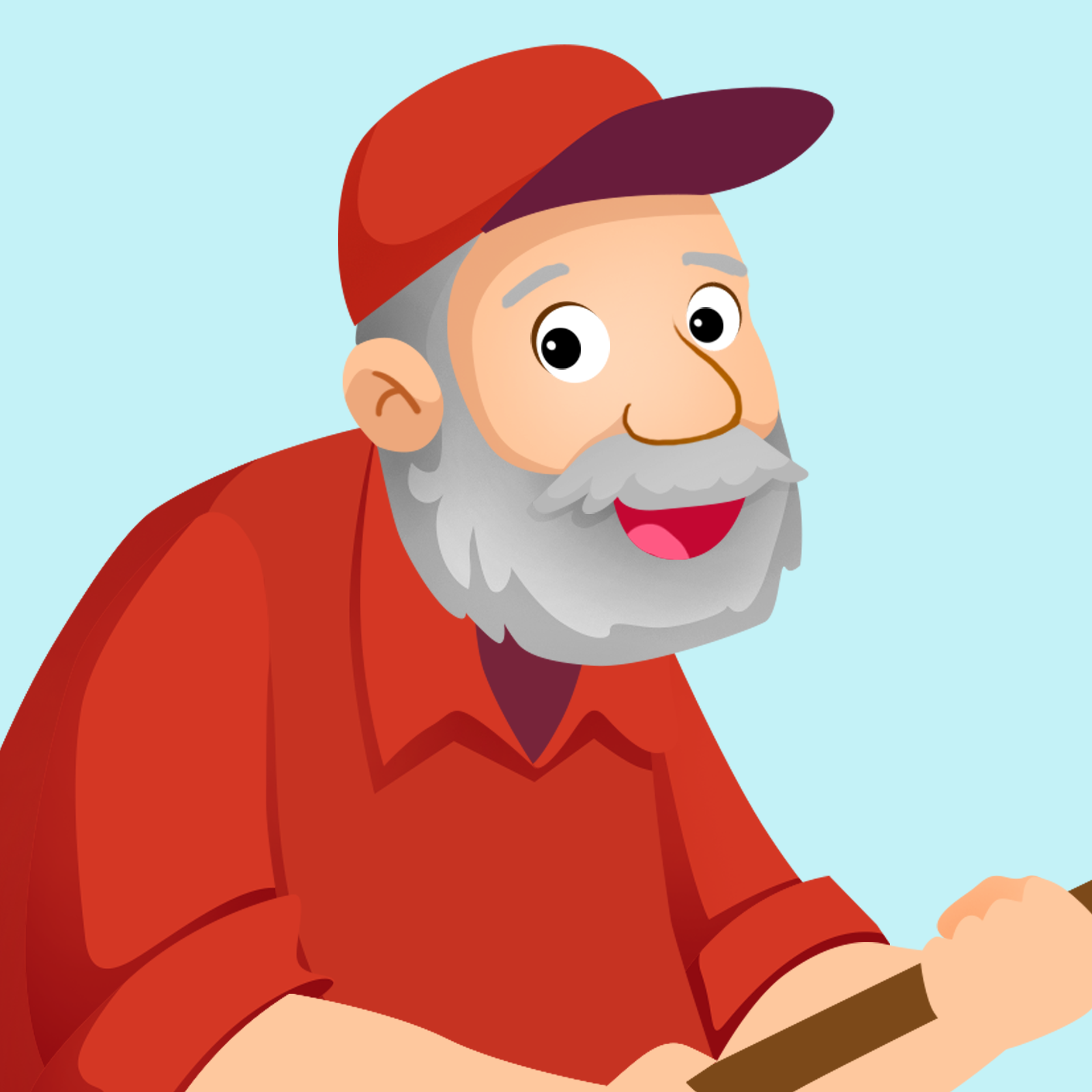 Ilustracja przedstawia dziadka. Ma czerwoną koszulę i czapkę. Włosy i broda są siwe.