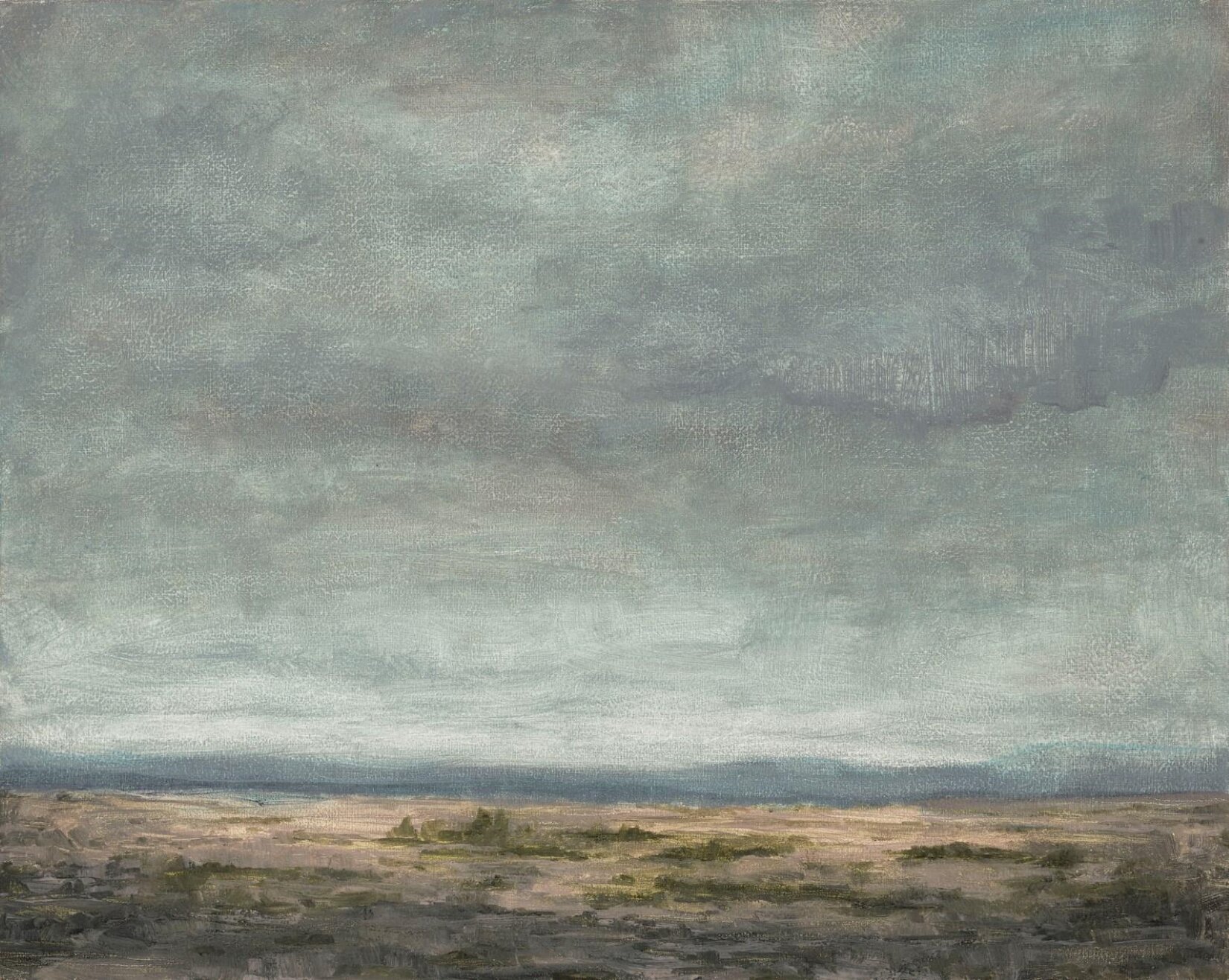 Lucas Arruda, Bez tytułu Obraz przedstawia krajobraz z natury. Na pierwszym planie ukazano jasnoszarą ziemię oraz rosnące gdzieniegdzie niskie, zielone rośliny. Za nimi obecny jest pas przypominający rozmyte, oddalone góry. Następnie ukazano jasne, szaro‑niebieskie niebo, zajmujące większą część dzieła. Na obrazie dominują chłodne odcienie szarości oraz koloru niebieskiego.