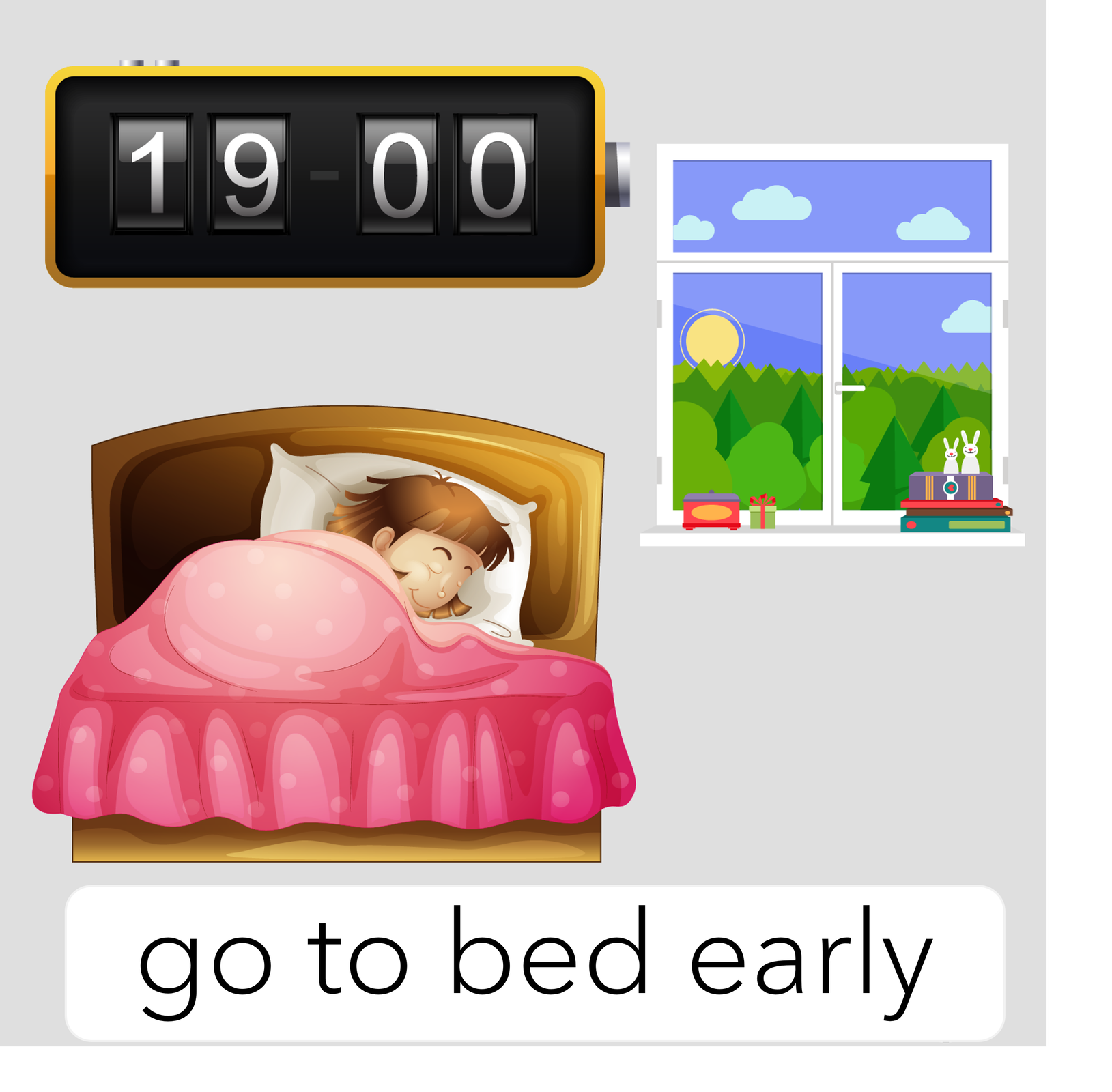 Ilustracja przedstawia grafikę ukazującą dziewczynkę śpiącą w drewnianym łóżku pod różowym kocykiem. Nad nią umieszczony jest czarny, podłużny zegar wskazujący godzinę dwudziestą pierwszą. Obok widzimy okno, za którym rozpościera się las, a na parapecie leżą książki i kolorowe pudełka.  go to bed early
