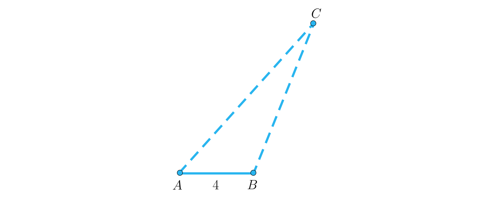 Ilustracja przedstawia trójkąt rozwartokątny A B C, w którym wierzchołek B jest wierzchołkiem kąta rozwartego oraz boki AC i BC narysowano liniami przerywanymi. Bok AB ma długość cztery.