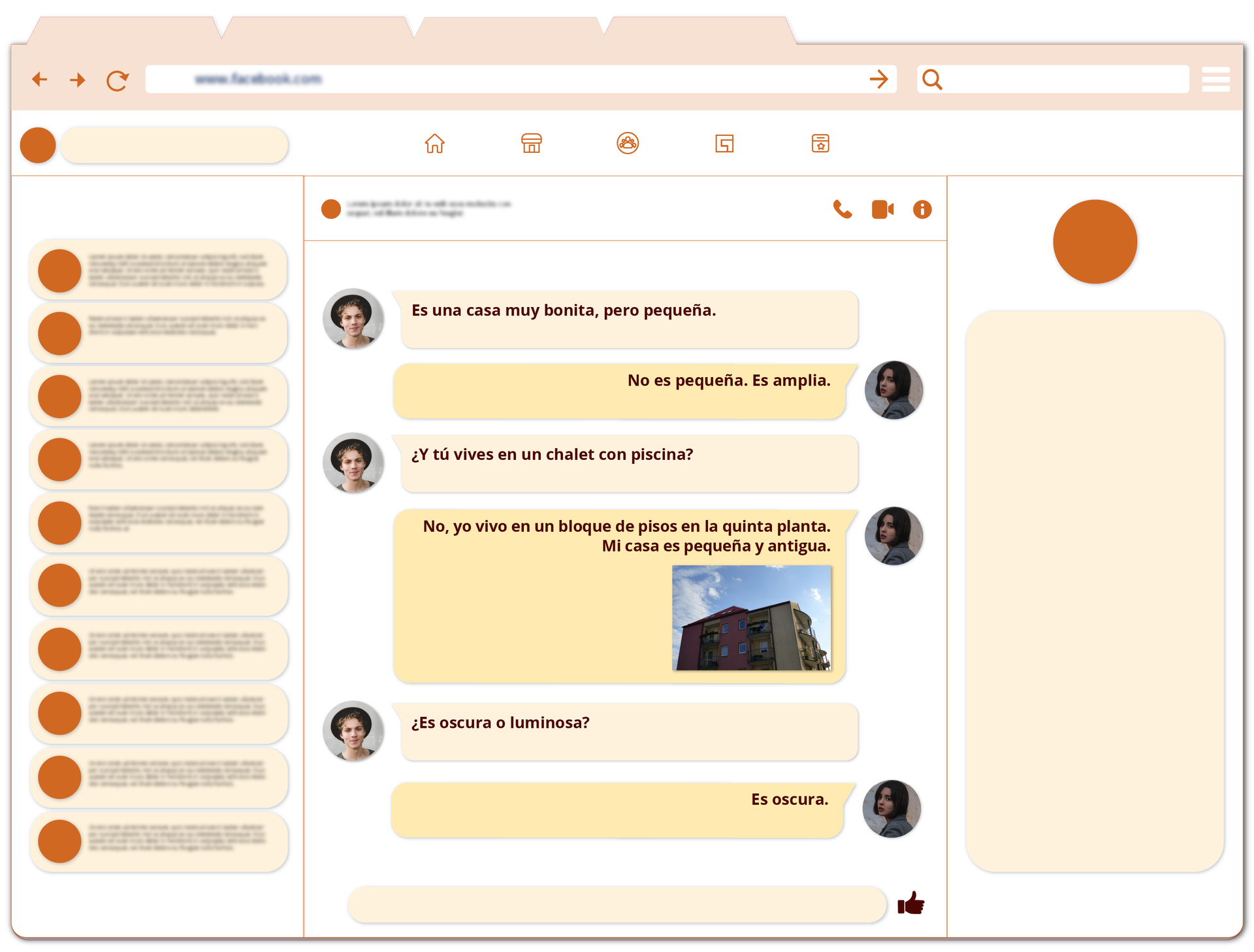 Kontynuacja dialogu między Sandrą i Pablo: Pablo: Es una casa muy bonita, pero pequeña.  Sandra: No es pequeña. Es amplia. Pablo: ¿Y tú vives en un chalet con piscina? Sandra: No, yo vivo en un bloque de pisos en la quinta planta. Mi casa es pequeña y antigua. Sandra wysłała zdjęcia bloku piętrowego. Pablo: ¿Es oscura o luminosa? Sandra: Es oscura.