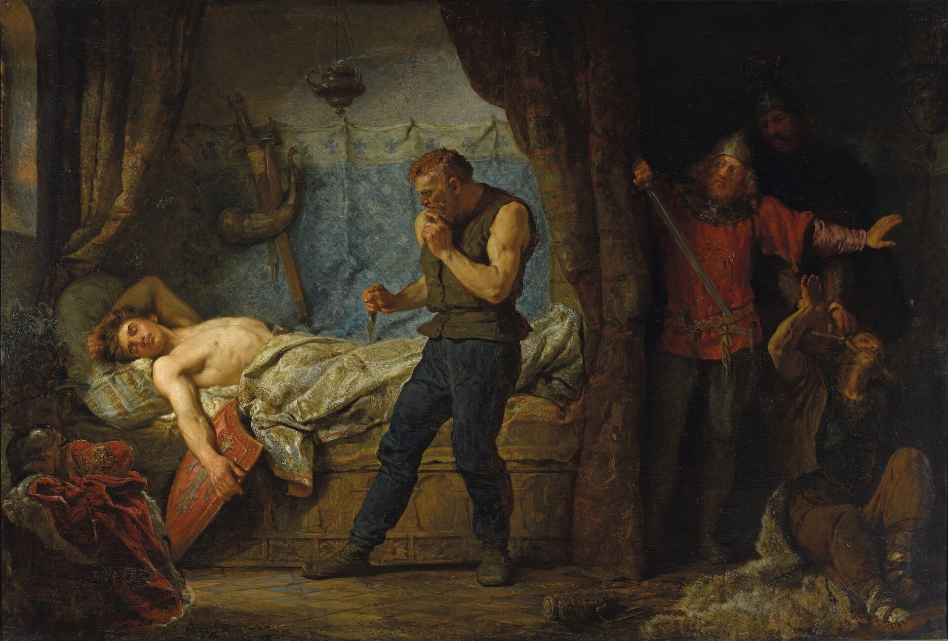 Obraz przedstawia leżącego w łóżku Przemysła drugiego. Jest on nagi, okryty jedynie kocem. Ma zamknięte oczy. Nad łóżkiem stoi mężczyzna trzymający mały nóż. Zza zaułka wyglądają dwaj wojowie w hełmach i z mieczami w dłoniach. Jeden z nich trzyma swój miecz na gardle siedzącego na ziemi mężczyzny, który wyciąga lewą rękę do góry. Obok łóżka leży czerwona tarcza, a na ścianie wisi miecz i róg sygnalizujący.