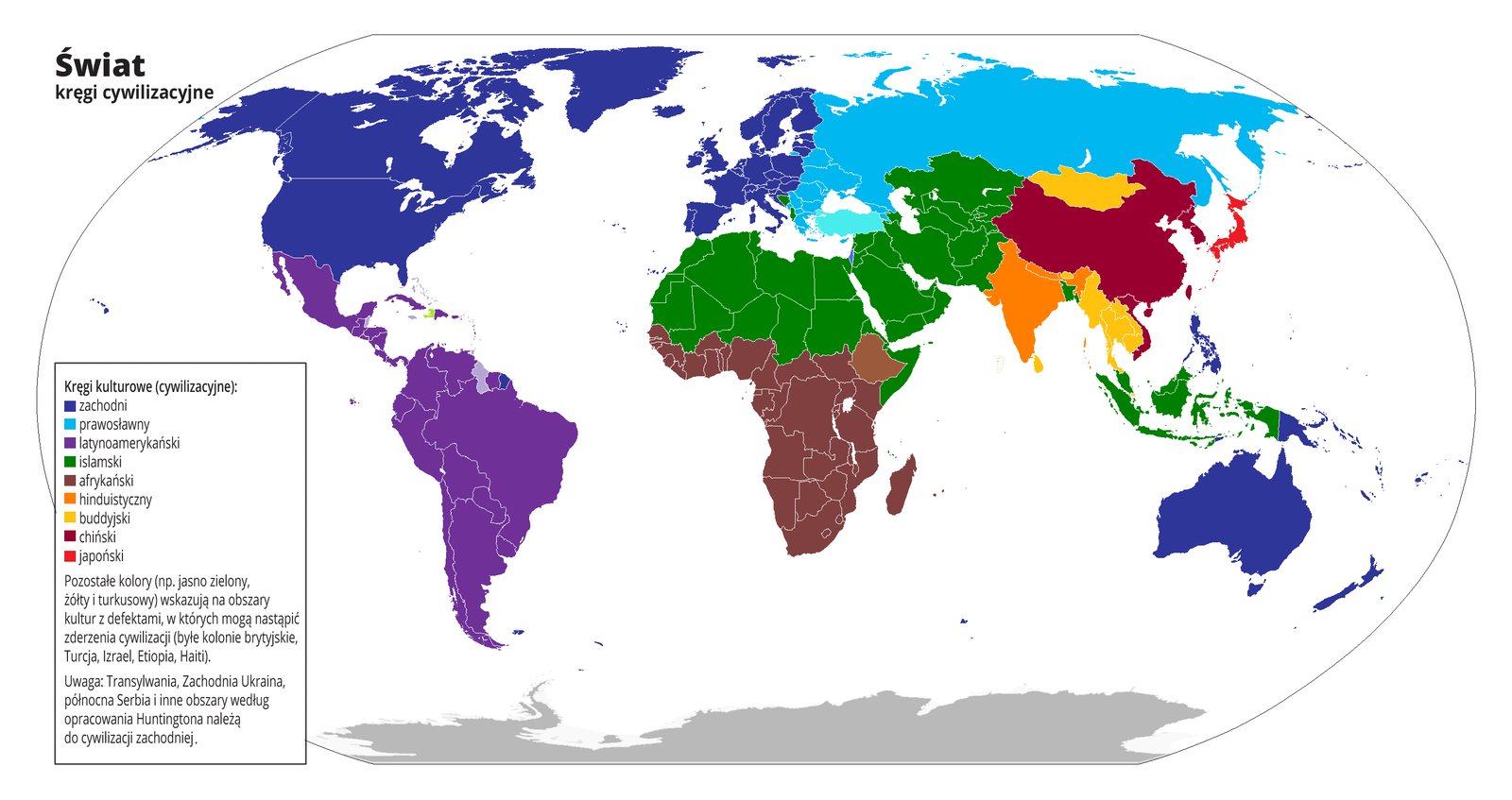 Na ilustracji mapa świata z zaznaczonymi granicami państw. Kolorami wyróżniono kręgi kulturowe, cywilizacyjne. Zachodni – Ameryka Północna, Europa i Australia. Prawosławny – Europa Wschodnia, Azja Północna. Latynoamerykański – Ameryka Środkowa i Ameryka Południowa. Islamski – Afryka Północna, Półwysep Arabski, Azja Zachodnia i Indonezja. Afrykański – Afryka Środkowa i Południowa. Hinduistyczny – Półwysep Indyjski. Buddyjski – Półwysep Indochiński i Mongolia. Chiński – Chiny. Japoński – Wyspy Japońskie. Pod legendą mapy znajduje się tekst: „Pozostałe kolory (np. jasno zielony, żółty i turkusowy) wskazują na obszary kultur z defektami, w których mogą nastąpić zderzenia cywilizacji (byłe kolonie brytyjskie, Turcja, Izrael, Etiopia, Haiti). Uwaga: Transylwania, Zachodnia Ukraina, północna Serbia i inne obszary według opracowania Huntingtona należą do cywilizacji zachodniej”.